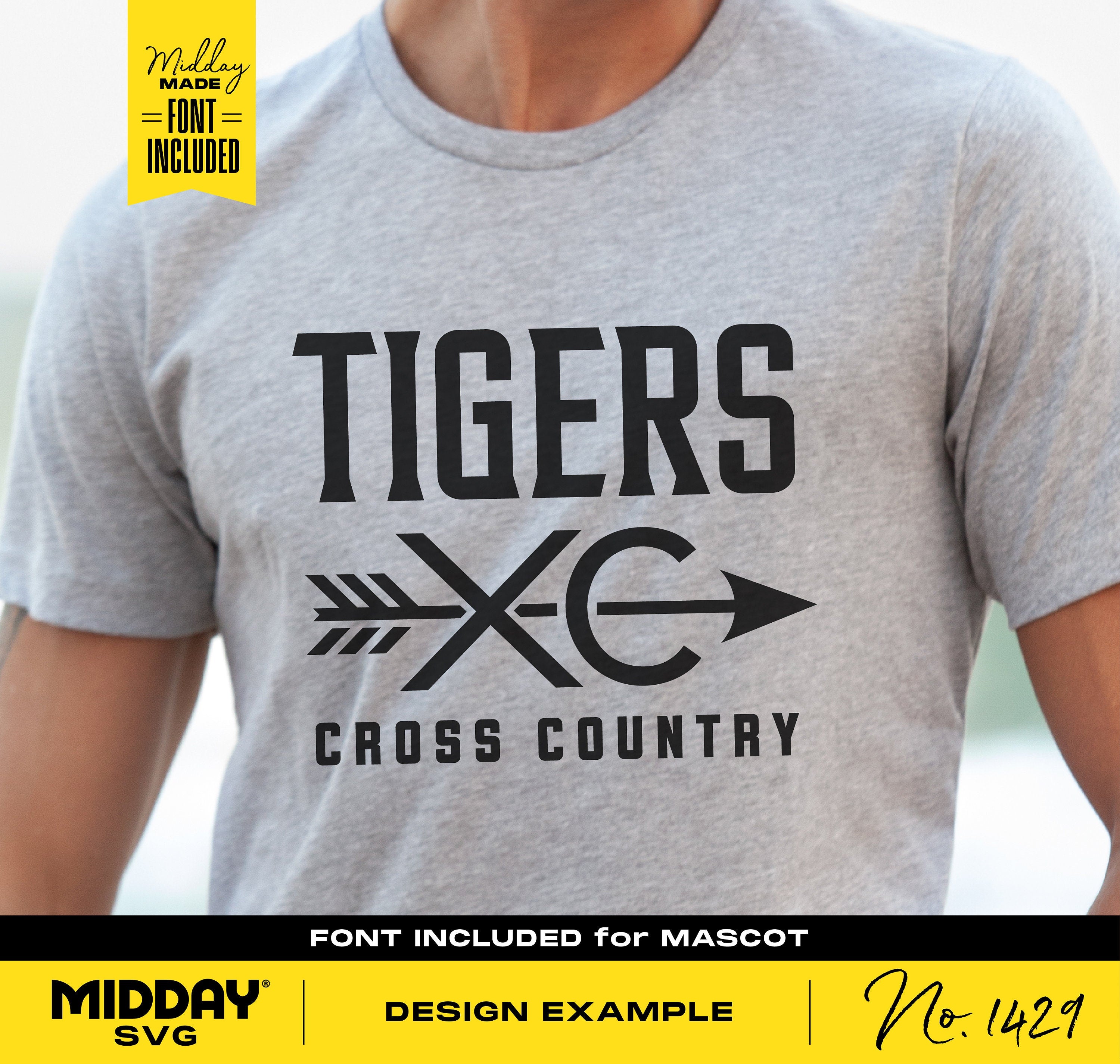 Gray t-shirt with 'Tigers XC Cross Country' design, showcasing an arrow and stylized text, ideal for cross country teams and enthusiasts.