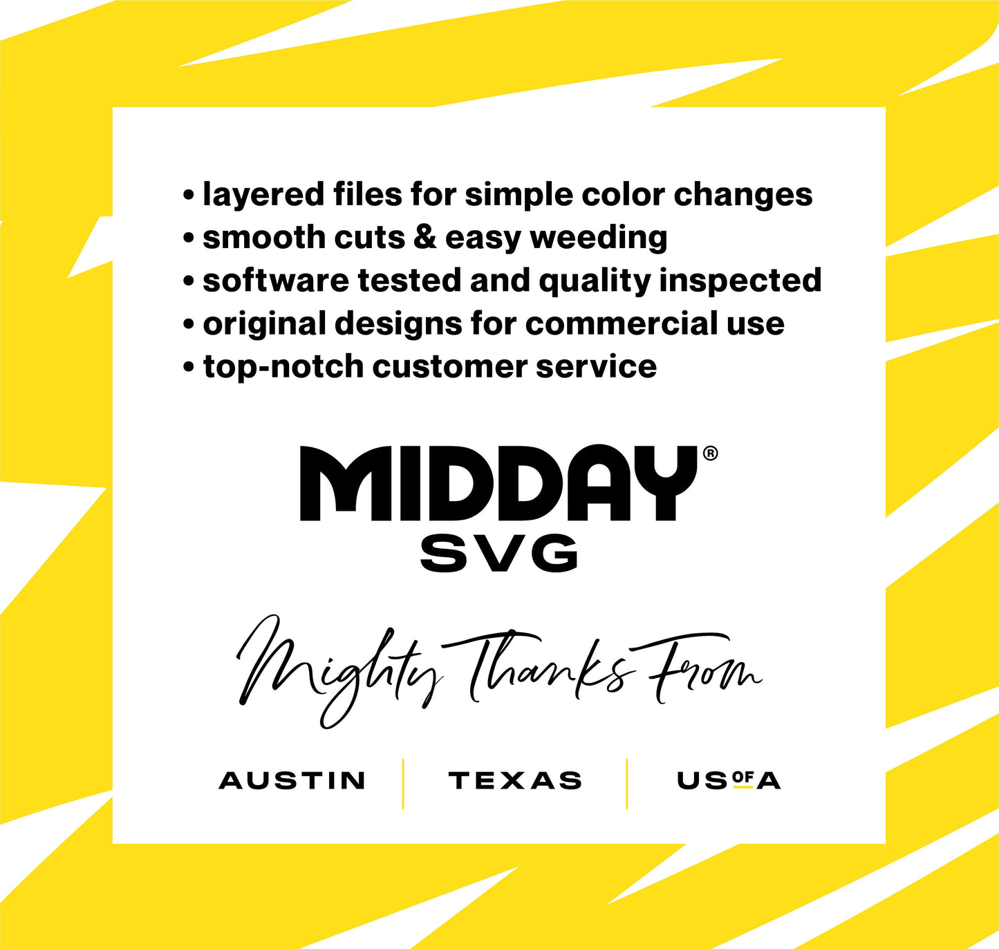 Midday SVG branding image highlighting features like layered files, smooth cuts, and top-notch customer service, from Austin, Texas, USA.