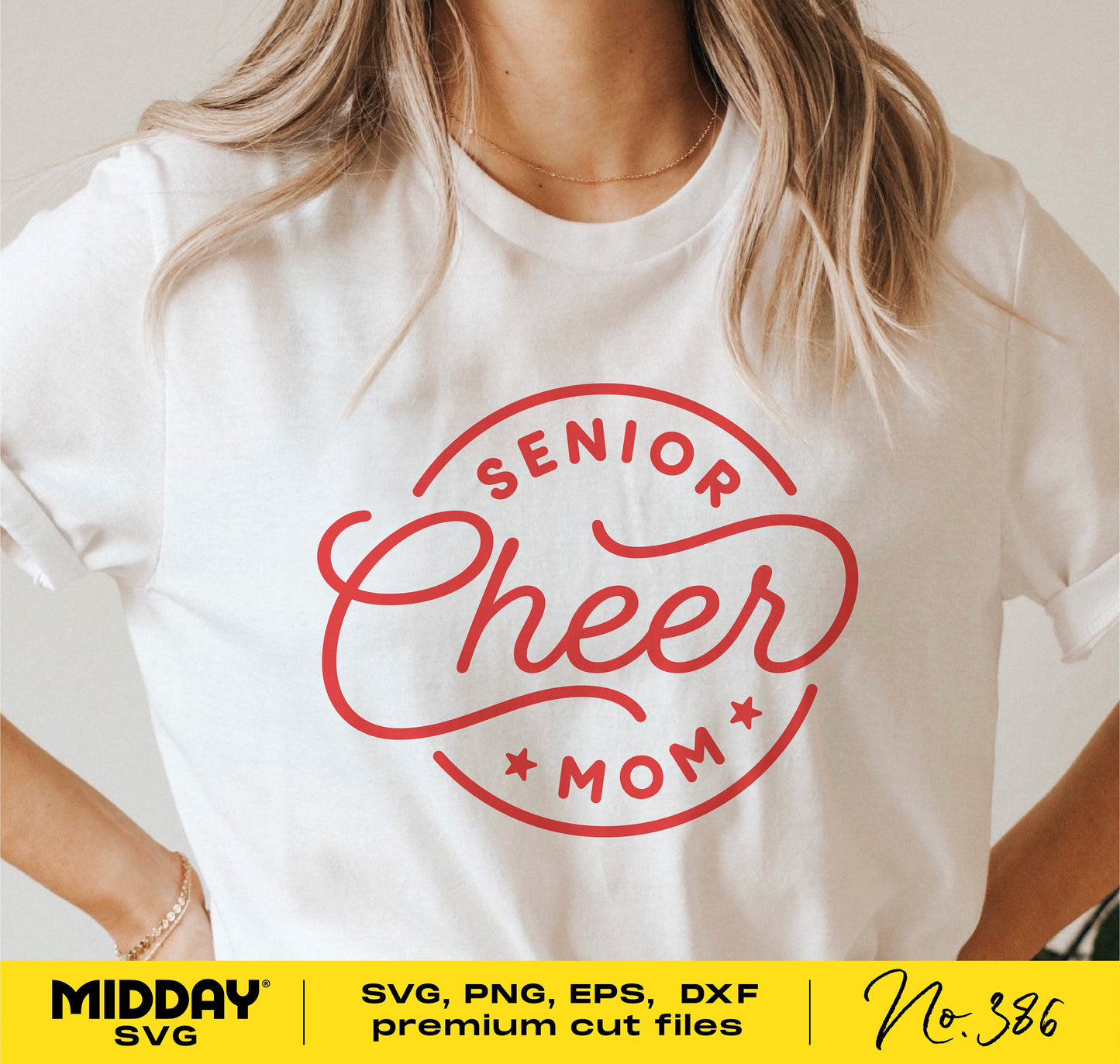 Woman wearing a t-shirt with 'Senior Cheer Mom' design, ideal for Cricut projects, featuring SVG, PNG, EPS, DXF digital cut files.