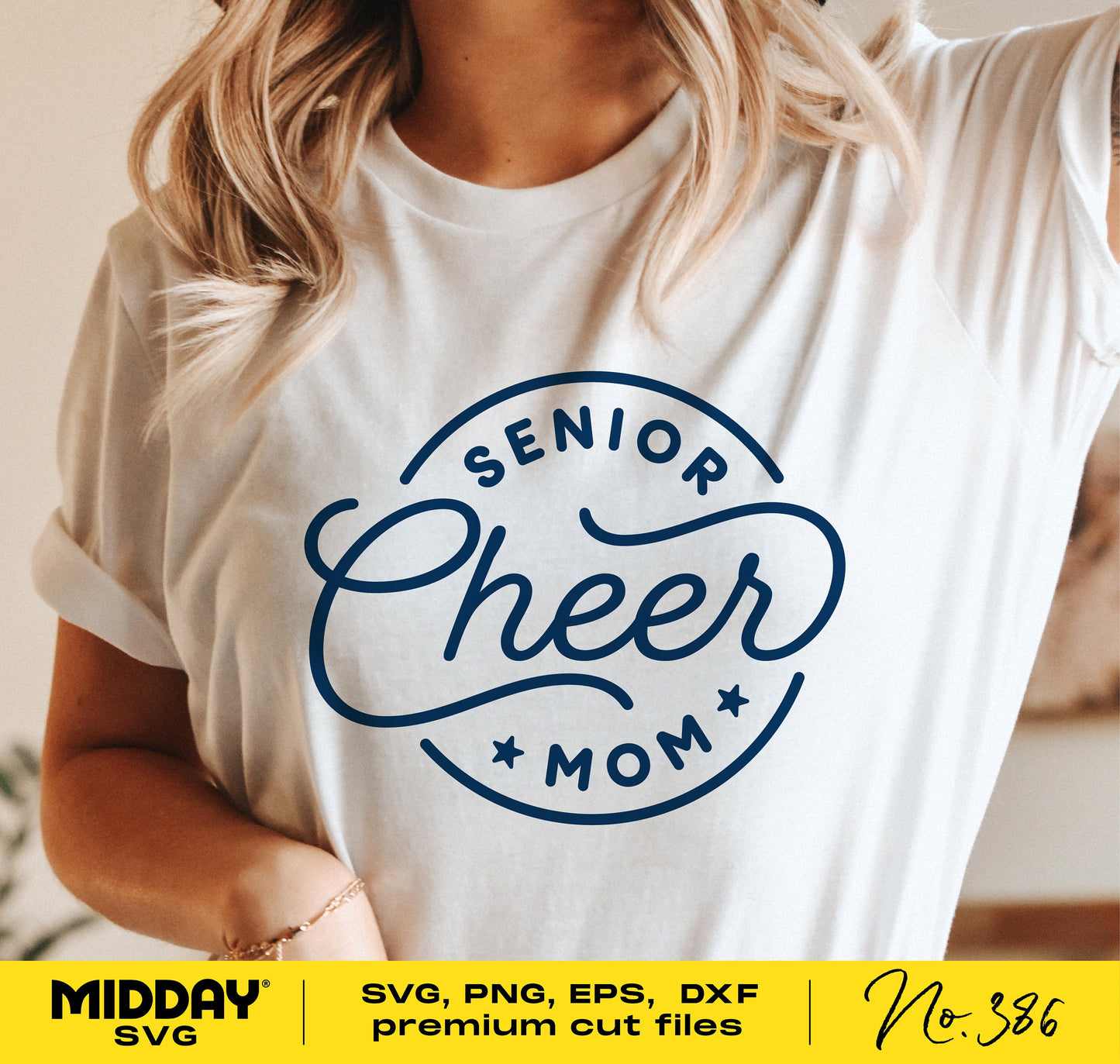 Person wearing a white t-shirt with 'Senior Cheer Mom' logo, featuring SVG, PNG, EPS, DXF cut files for Cricut projects.