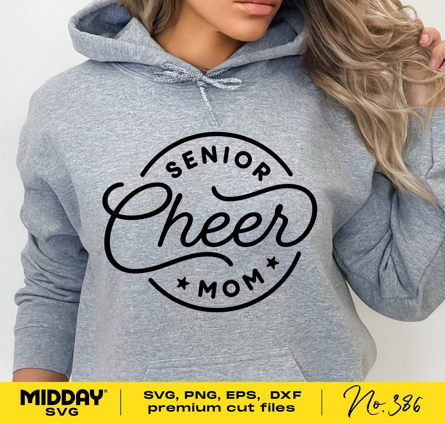 Woman wearing a gray hoodie with Senior Cheer Mom logo, showcasing SVG cut file design for digital download and Cricut projects.