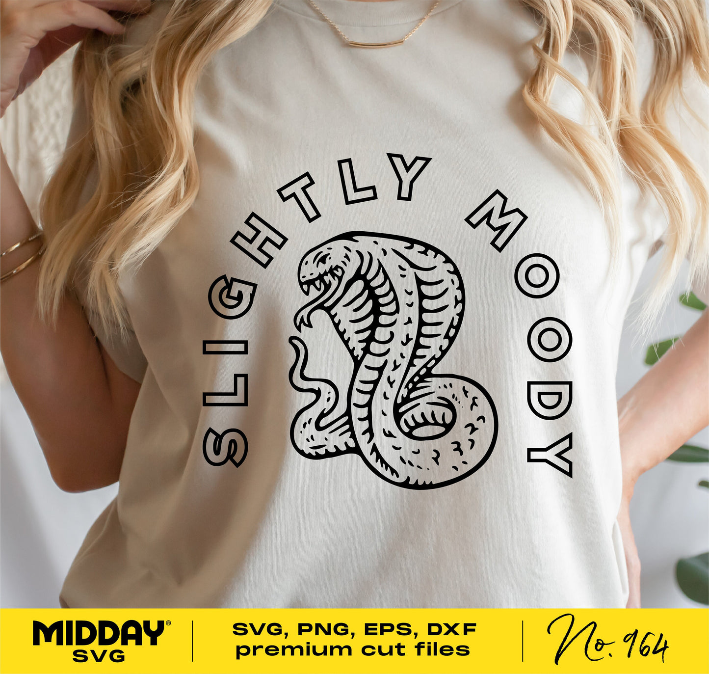 Slightly Moody cobra design t-shirt, perfect for SVG, PNG, EPS, DXF cut files, featuring a detailed snake illustration on light fabric.
