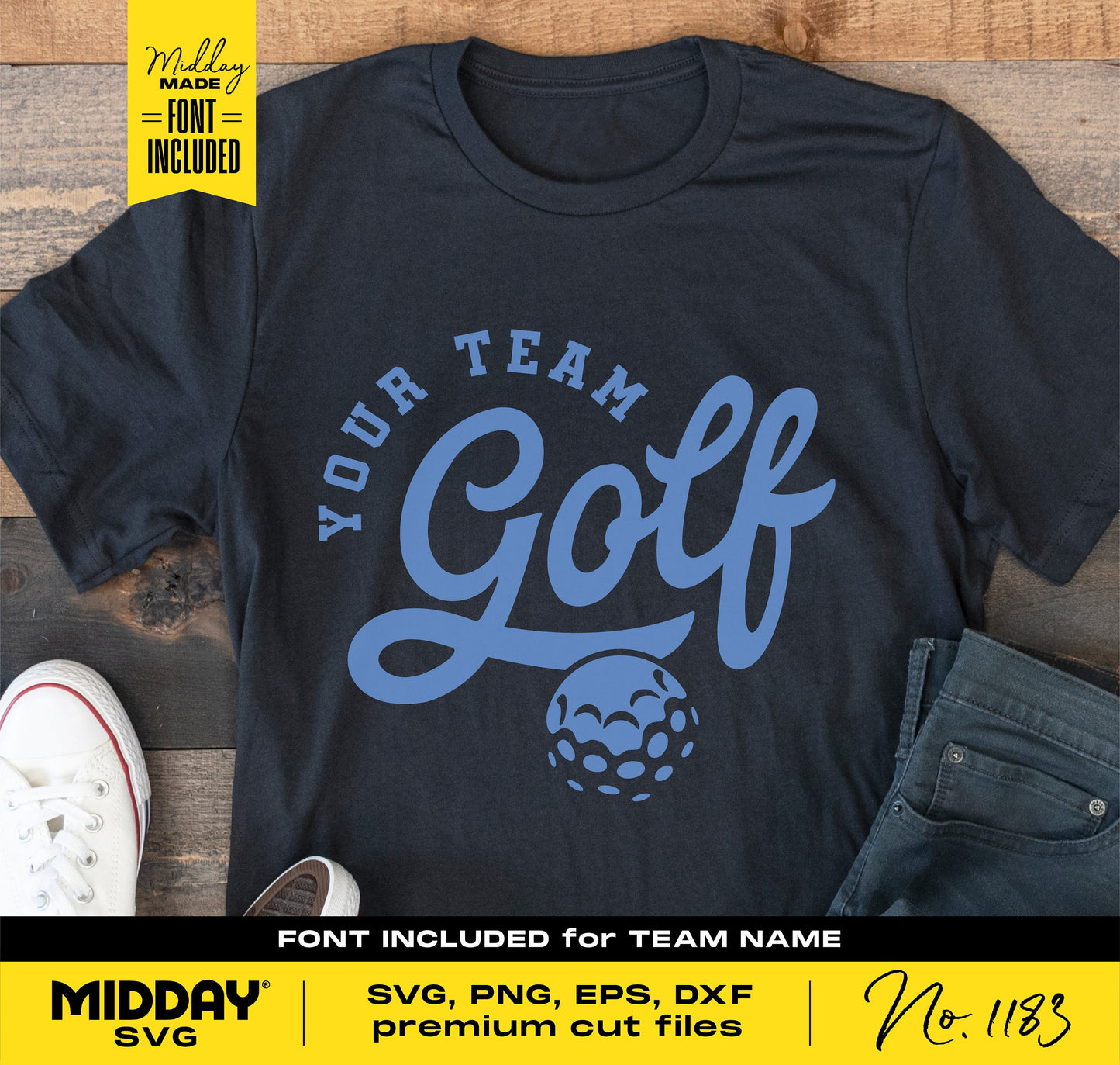 Golf-themed t-shirt with customizable team name design, ideal for golf outings and teams, includes SVG, PNG, EPS, DXF files.
