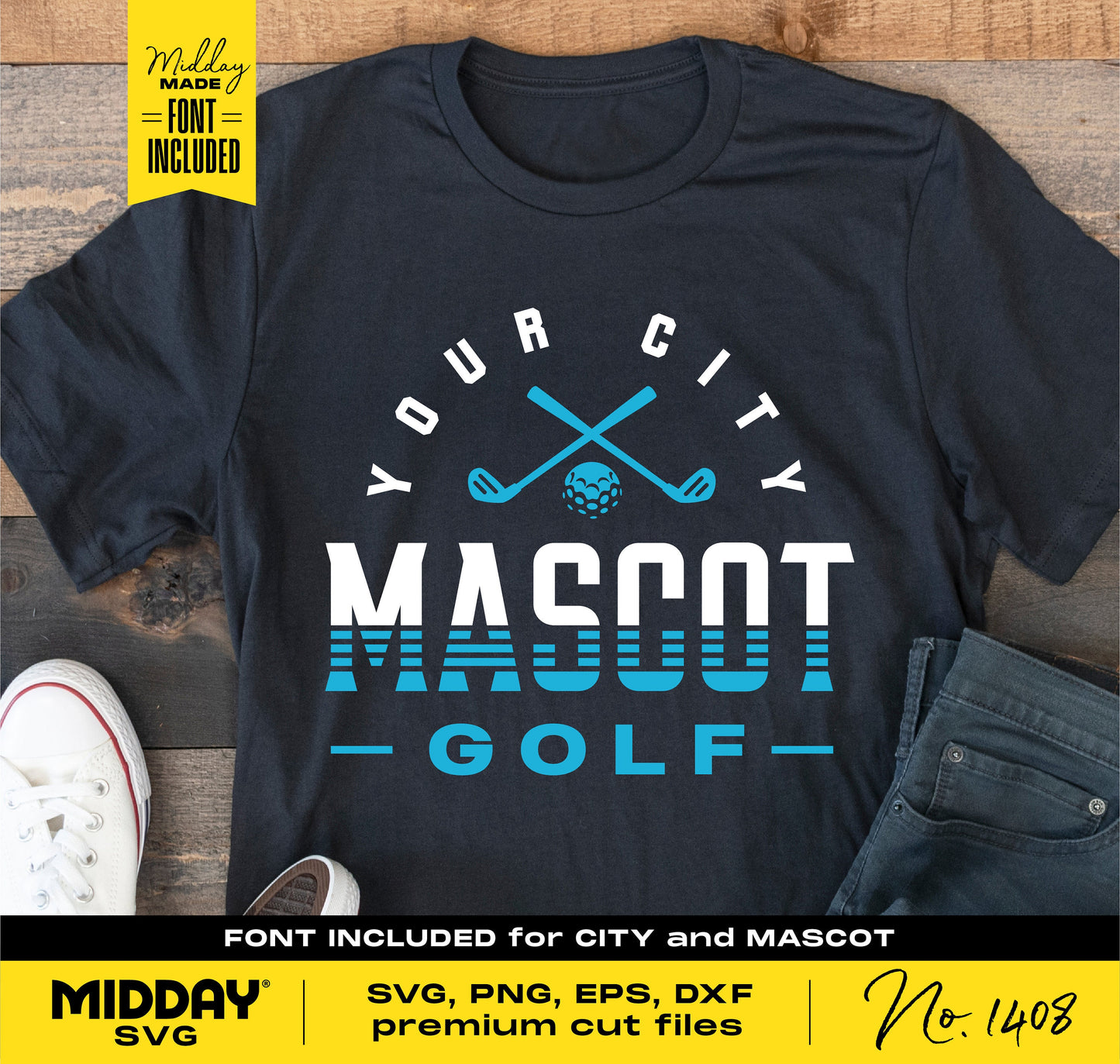 Golf-themed t-shirt design with "Your City Mascot Golf" text, featuring crossed golf clubs. Ideal for SVG, PNG, EPS, DXF formats.