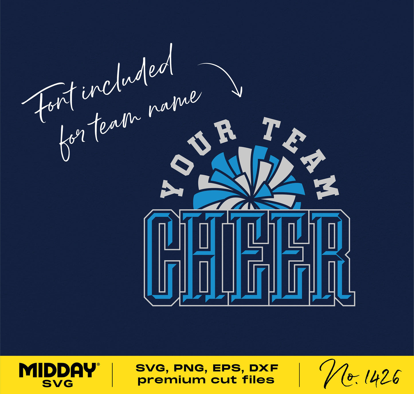 Cheer team shirt design with customizable font, featuring bold blue and white cheer text on a dark background for Cricut projects.