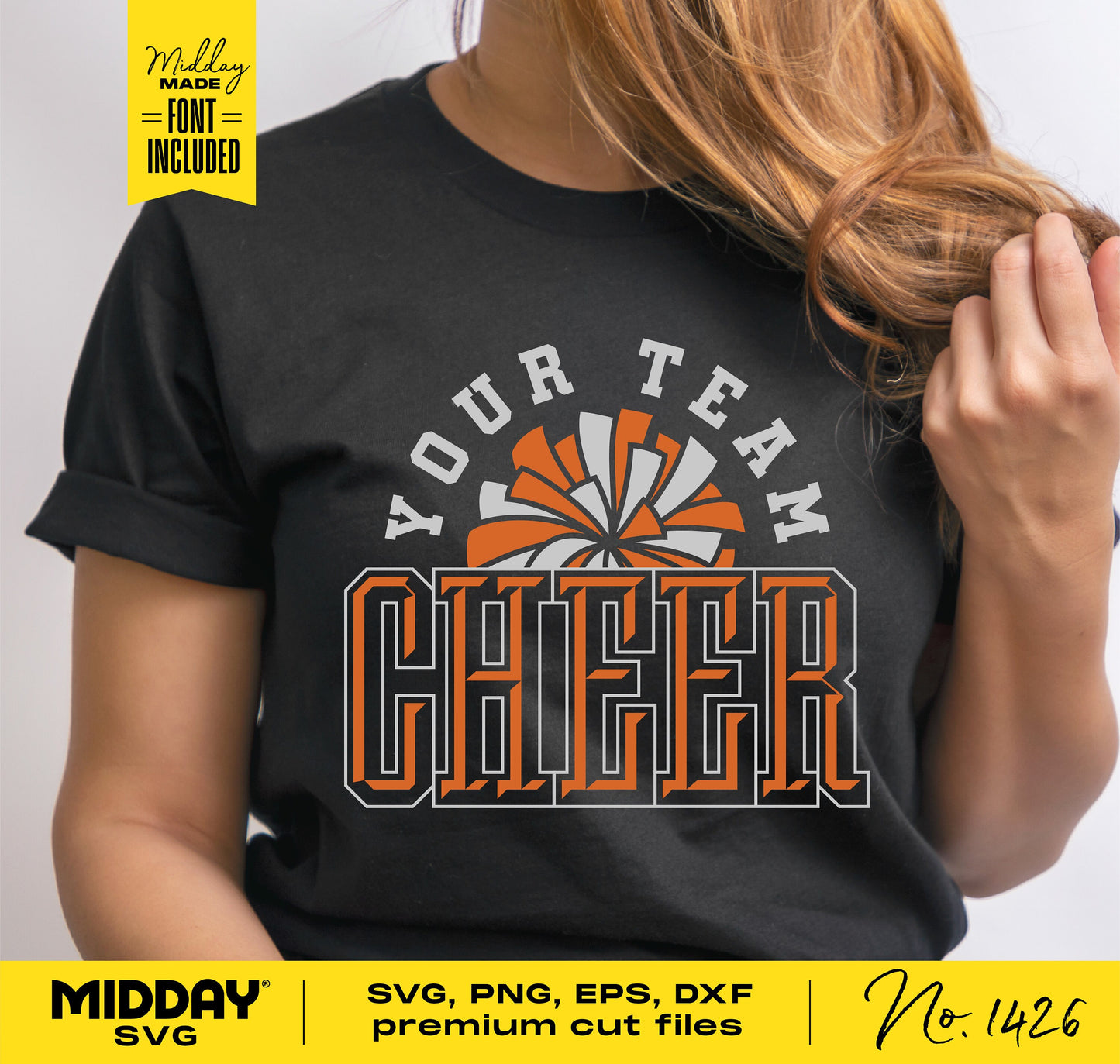 Woman wearing a black t-shirt featuring 'Your Team Cheer' design with bold orange and white text, suitable for DIY projects using SVG, PNG, EPS, DXF files.