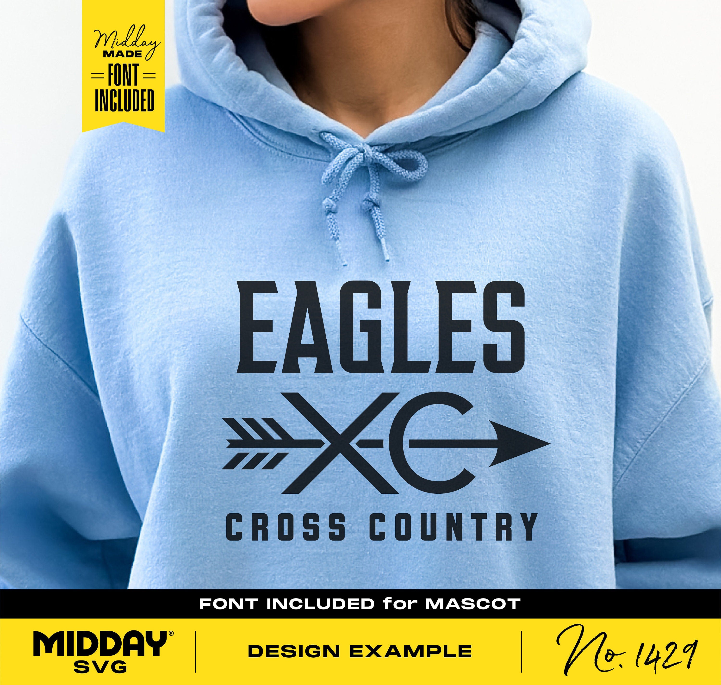 Blue hoodie with 'Eagles XC Cross Country' design featuring arrow, ideal for cross country teams, includes font for customization.