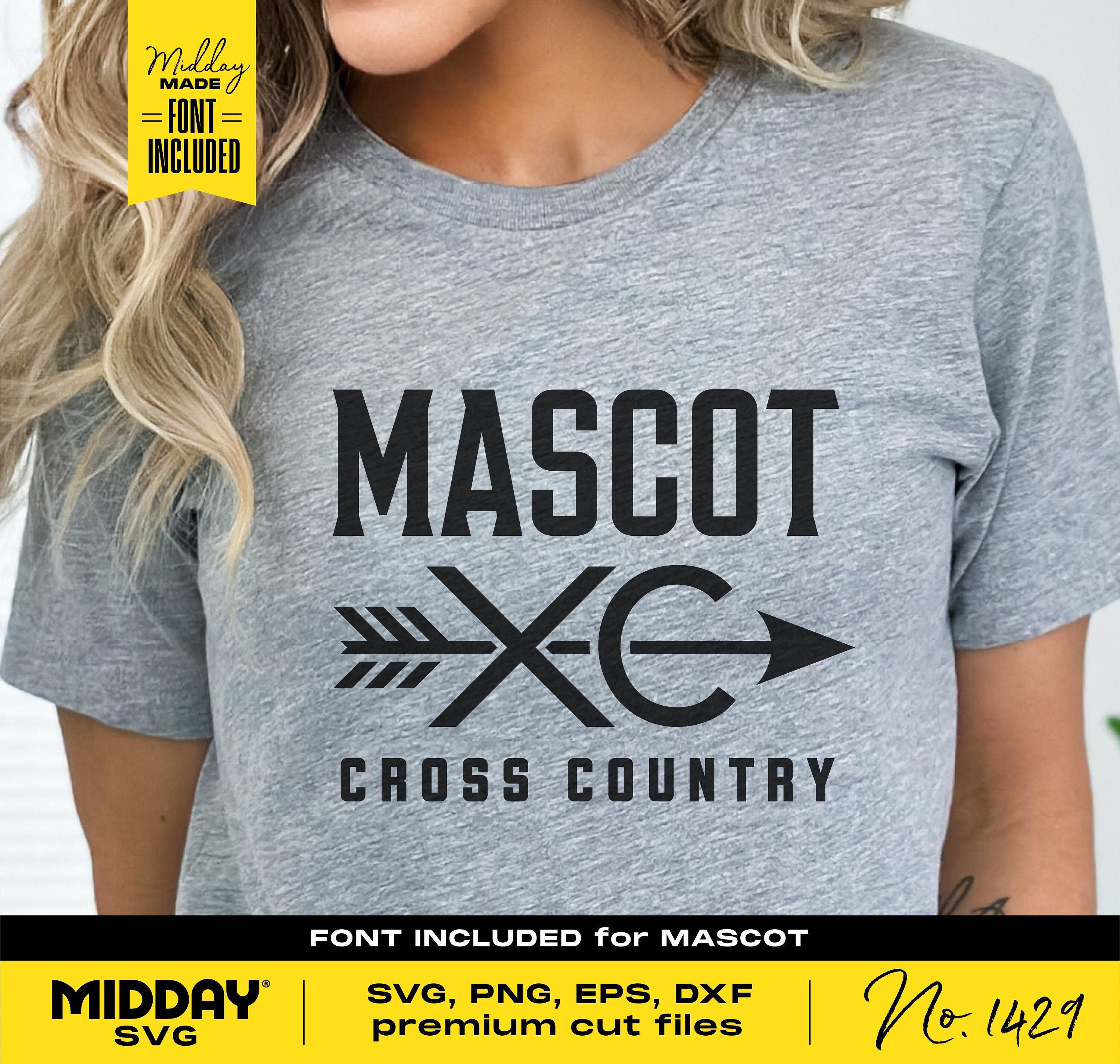 Gray shirt featuring 'Mascot Cross Country' design with arrow, ideal for SVG, Cricut, and sublimation projects. Includes fonts.