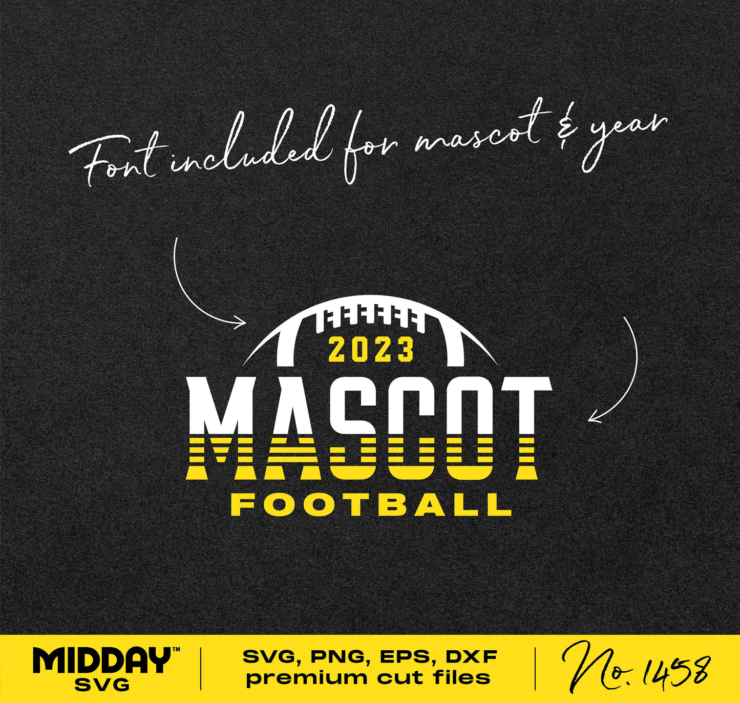 Mascot football SVG template with customizable year, perfect for Cricut and Silhouette projects, includes SVG, PNG, EPS, and DXF formats.