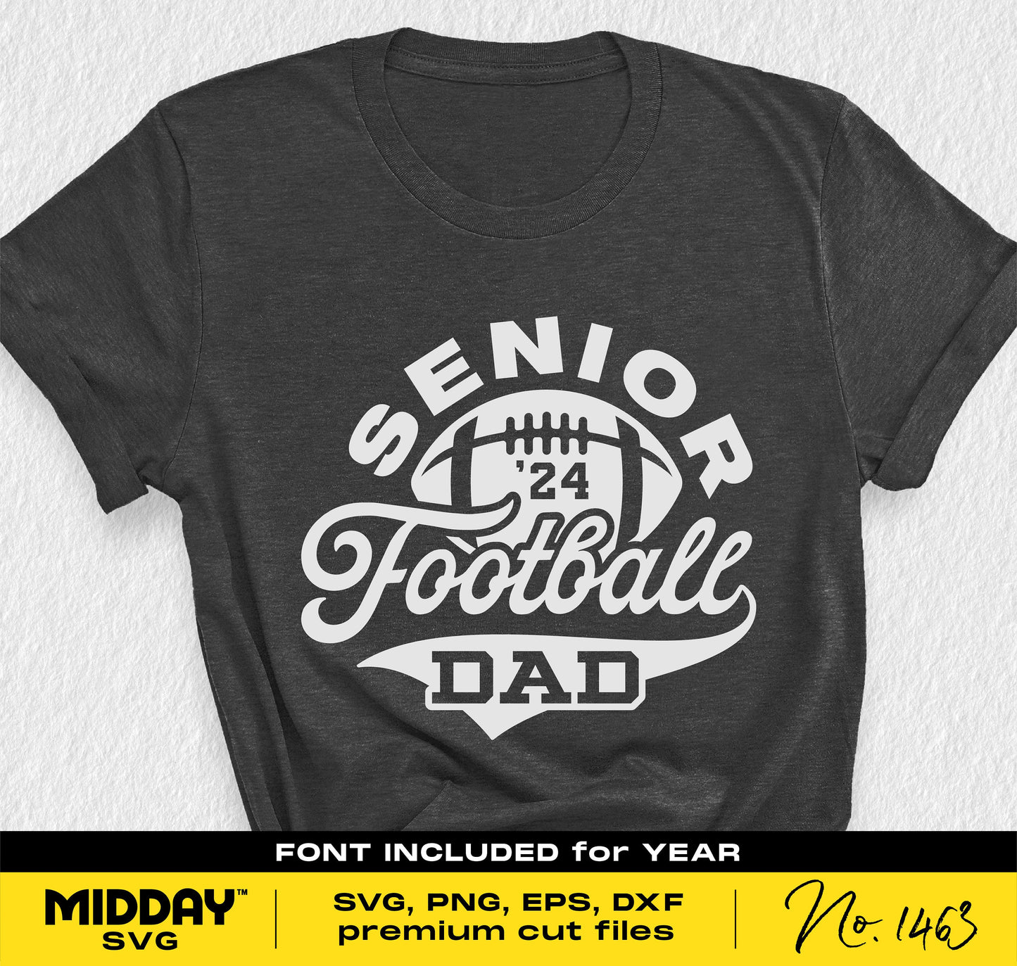 Senior Football Dad 2024 graphic tee in black, featuring a football design, ideal for varsity graduation and craft projects with Cricut and Silhouette.