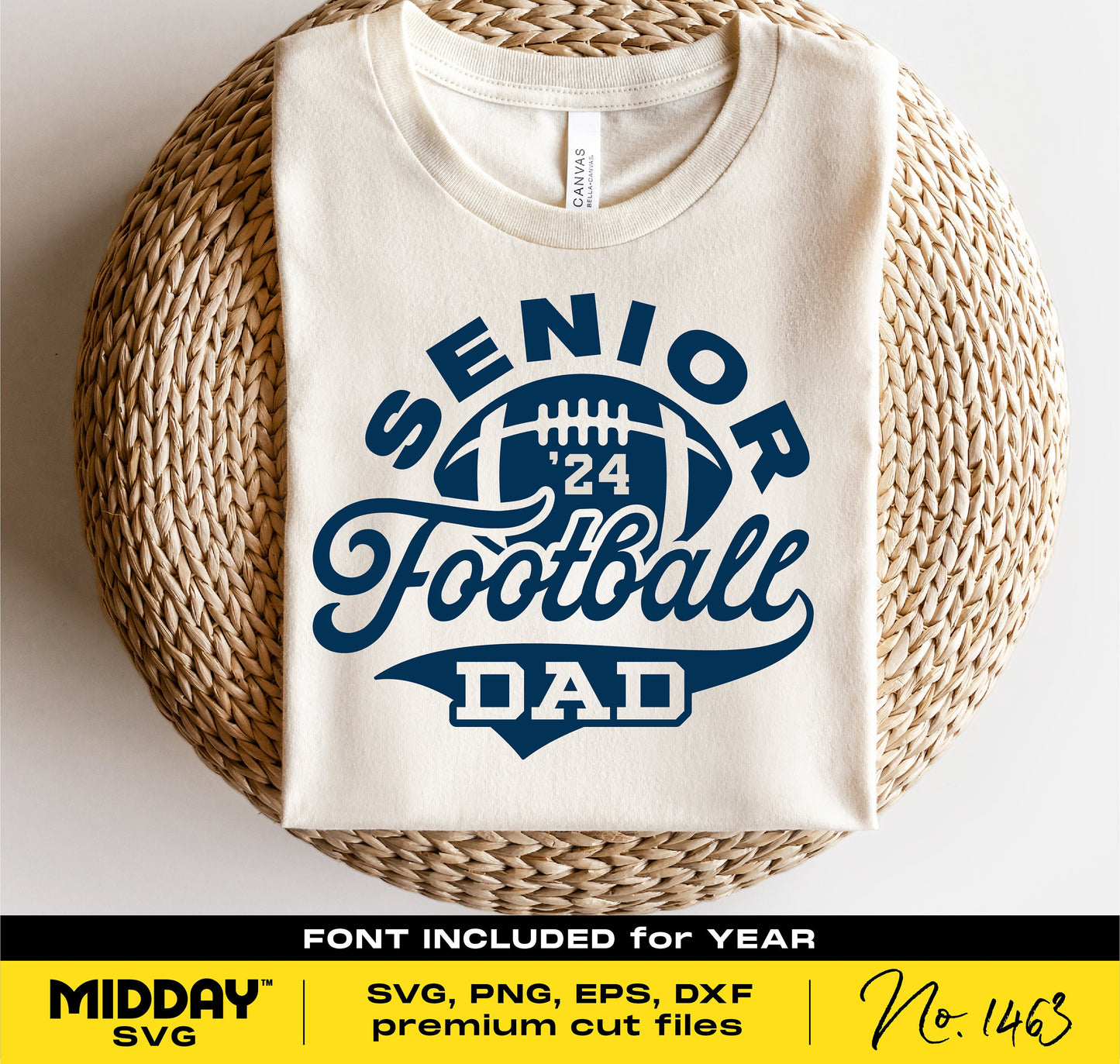 Senior Football Dad 2024 t-shirt with varsity design for Cricut and Silhouette, includes SVG, PNG, DXF, EPS formats.