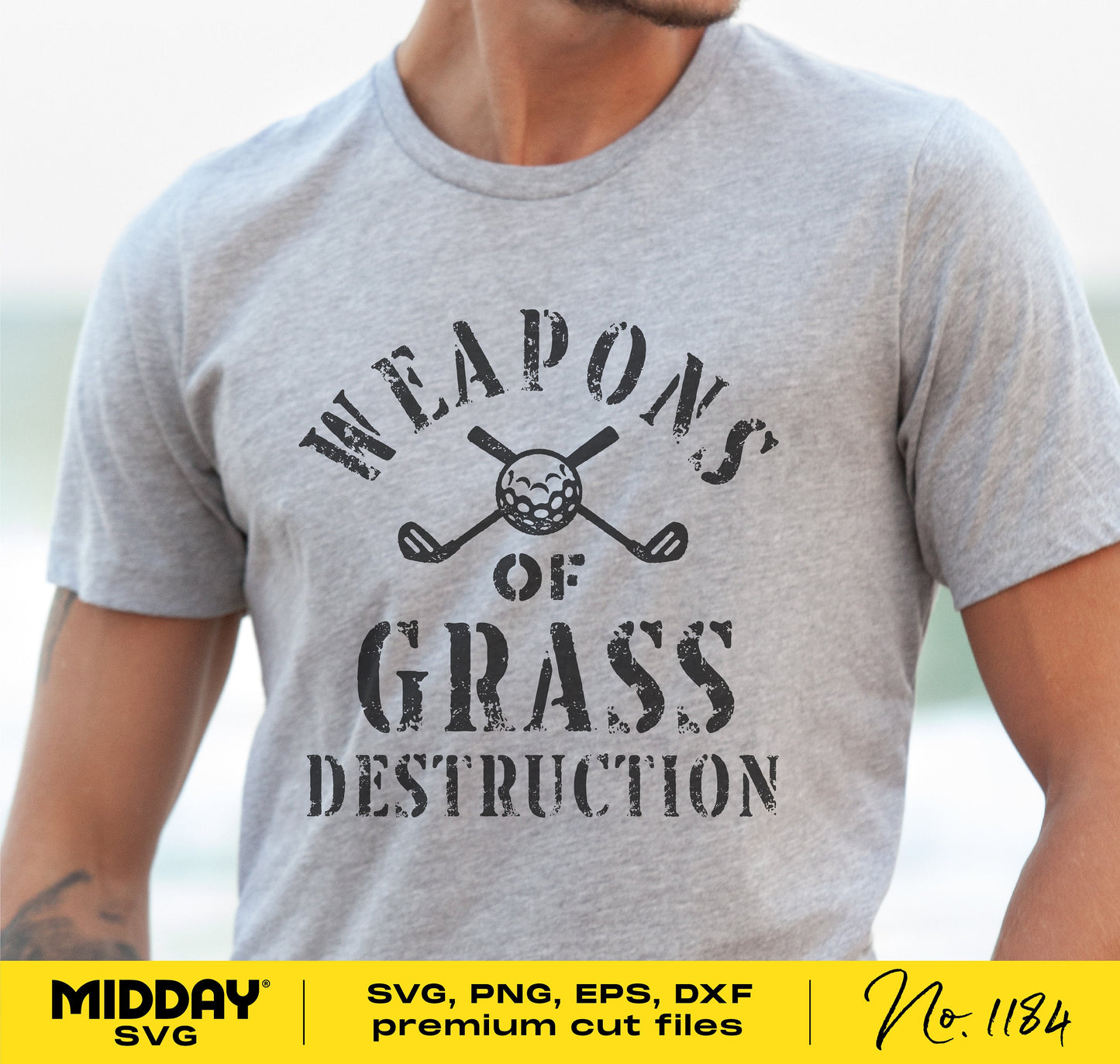 Gray t-shirt with golf-themed "Weapons of Grass Destruction" design, available in SVG bundle for Cricut and design projects.