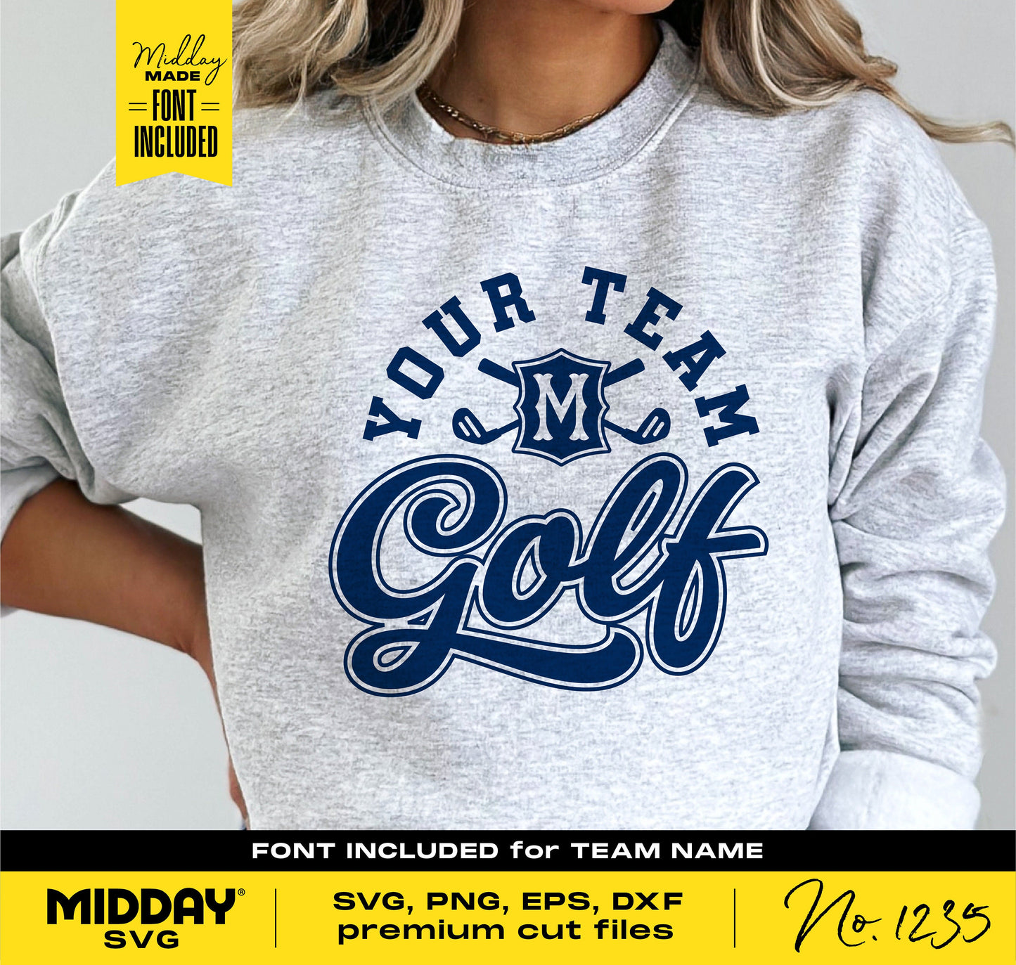 Gray sweatshirt with 'Your Team Golf' design, customizable SVG for Cricut, ideal for golf teams, featuring premium cut files.