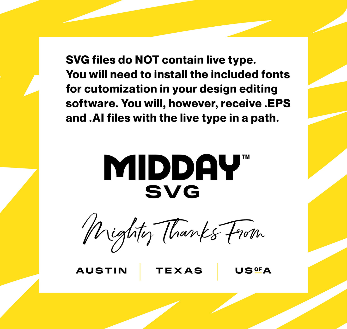 Midday SVG product information with font installation instructions and company location in Austin, Texas, USA.
