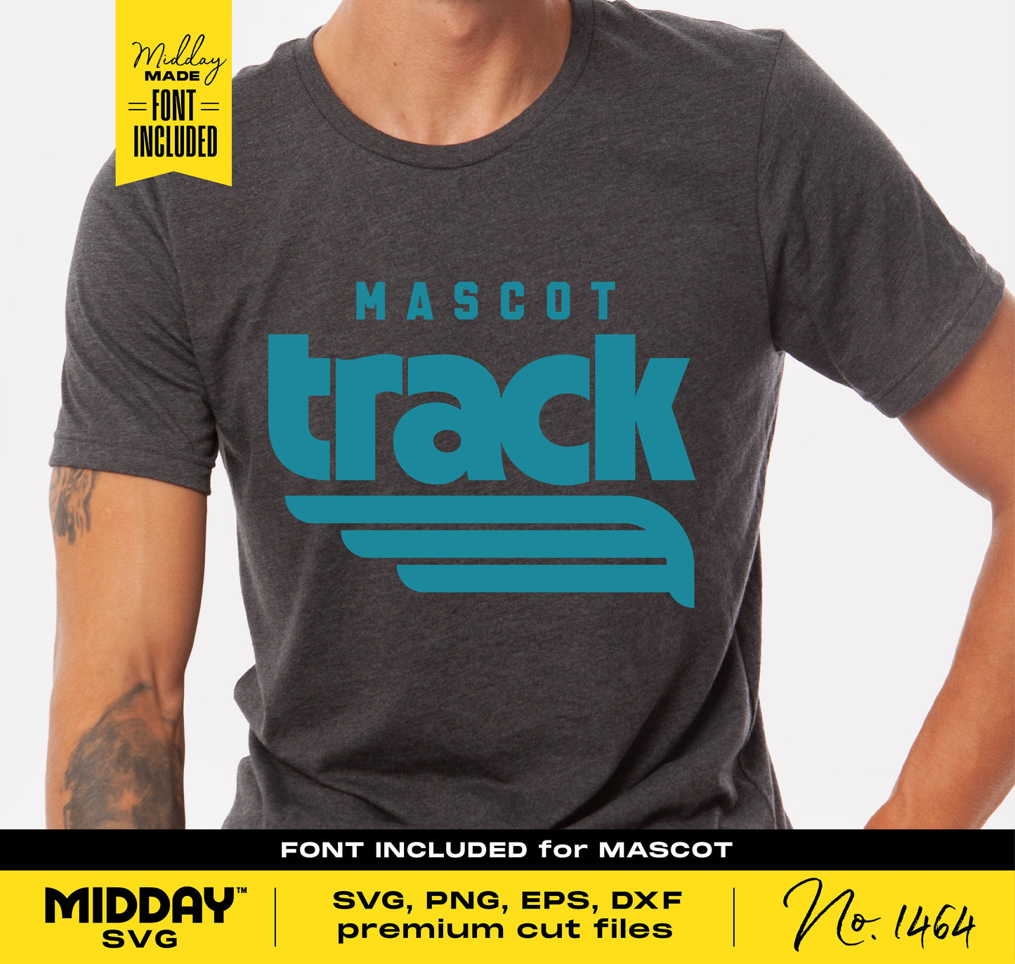 Person wearing dark T-shirt with blue 'Mascot Track' design, featuring track wing graphic. Font included for custom SVG, PNG, EPS, DXF downloads.