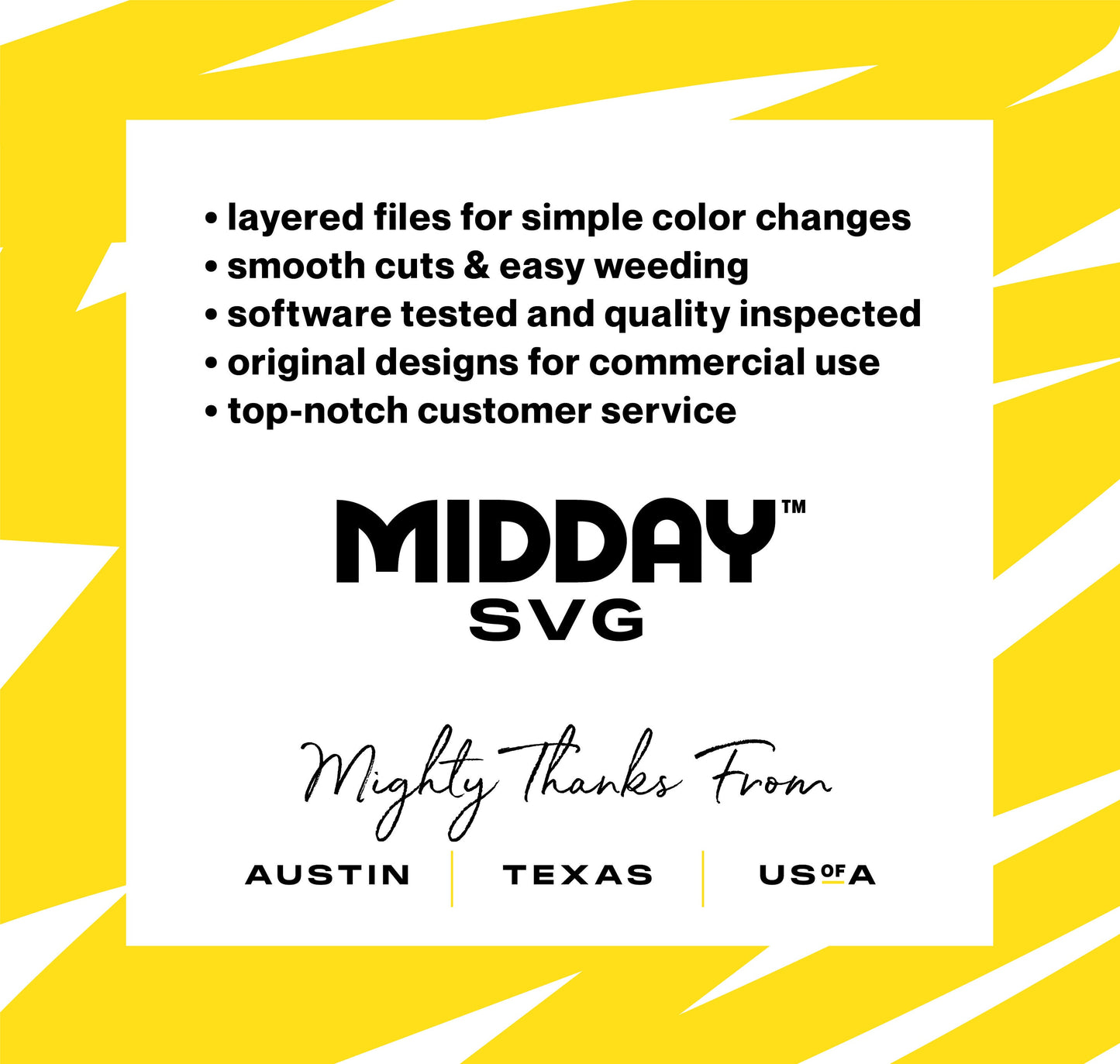 Midday SVG promo highlighting features like easy color changes, quality inspection, and top-notch service from Austin, Texas, USA.