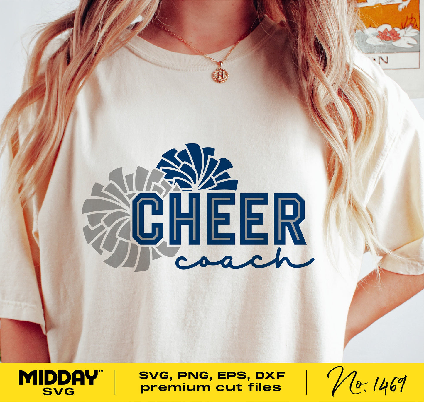 Cheerleading coach shirt design featuring 'Cheer Coach' with pom pom graphic, perfect for Cricut and sublimation crafting.