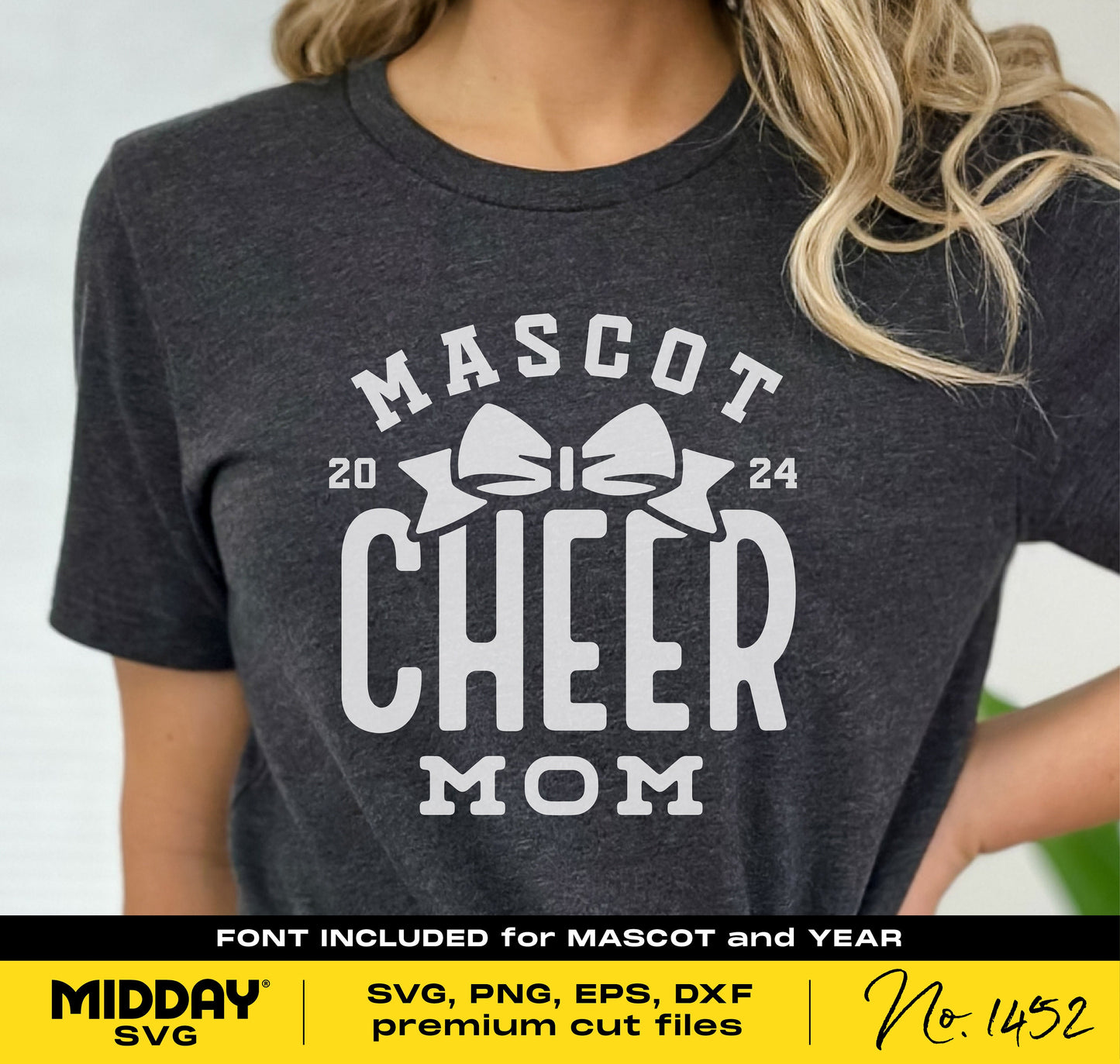 Black t-shirt with 'Mascot Cheer Mom' design, suitable for Cricut and Silhouette projects, featuring bows and customizable text.