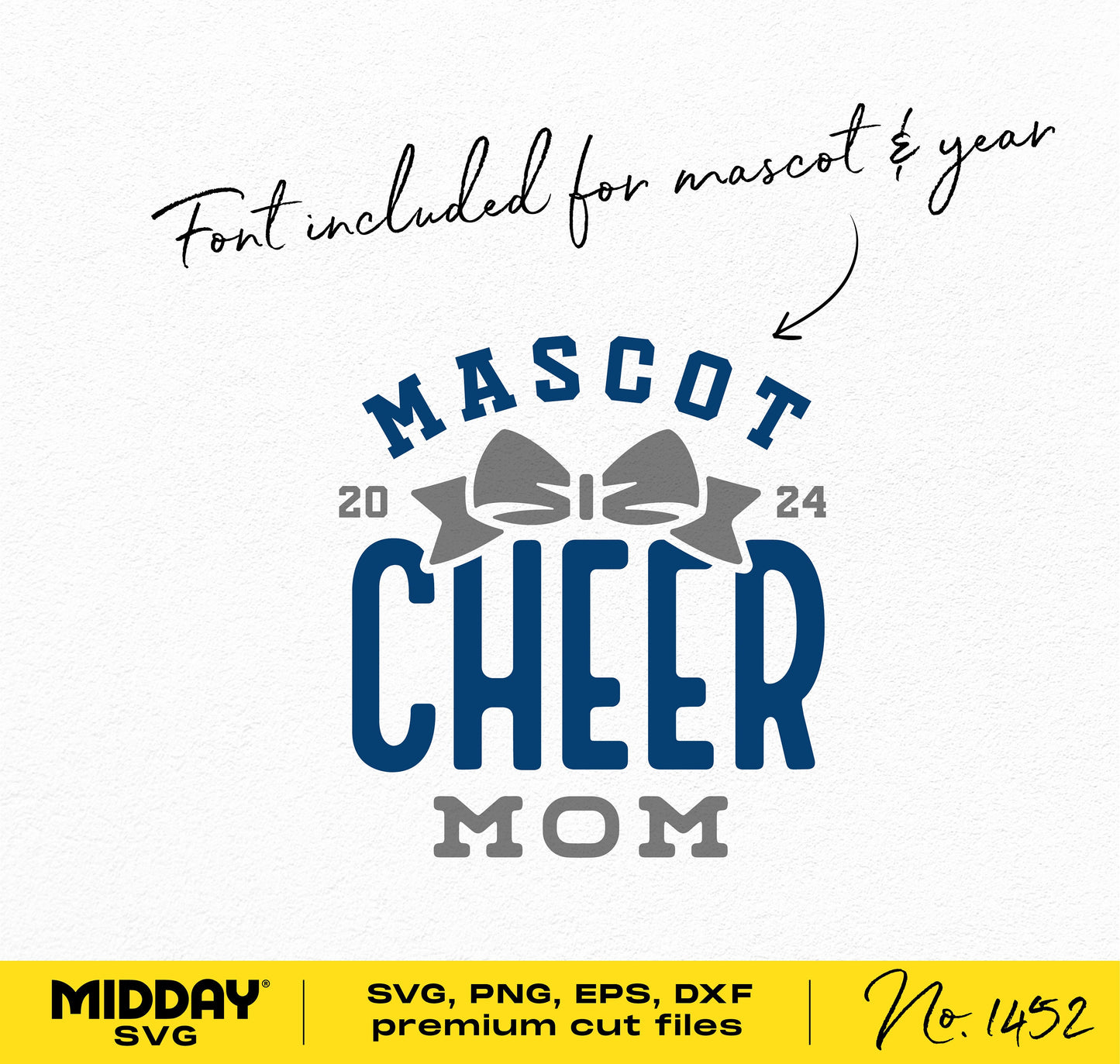 Cheer Mom SVG design with 2024 cheerleader theme, including mascot font. Ideal for Cricut, Silhouette, and sublimation projects.