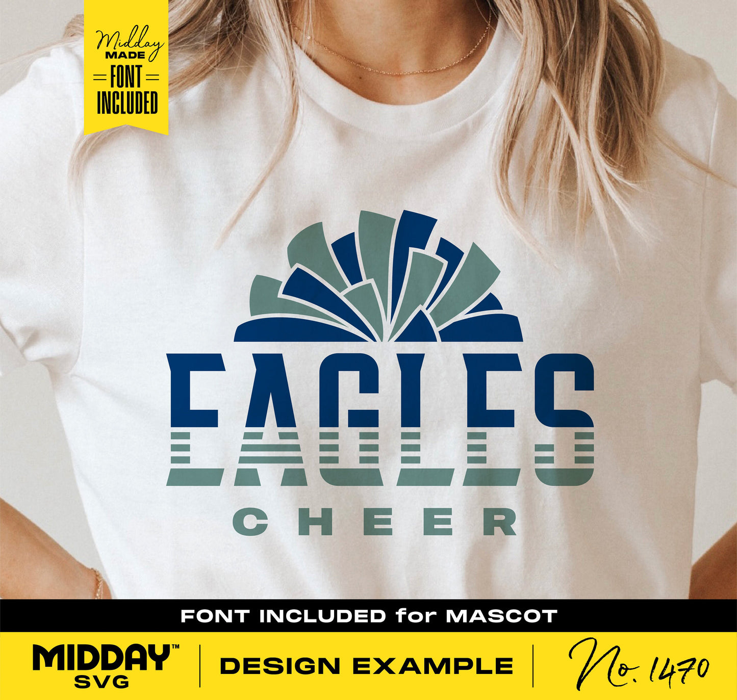 Eagles Cheer SVG design example on white shirt, with font included for mascot display, perfect for cheerleader or team-themed projects.