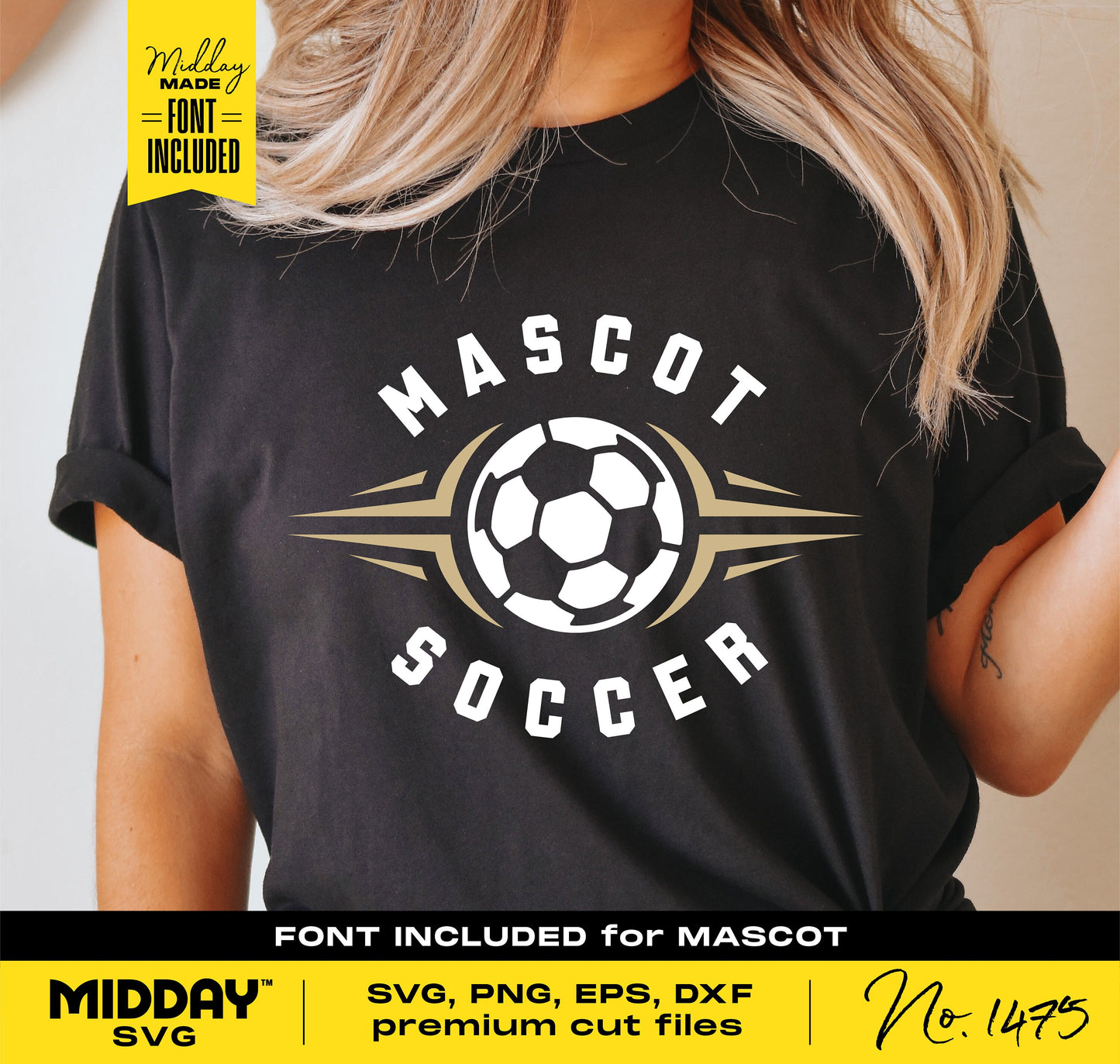 Customizable Mascot Soccer SVG design on black shirt, includes font for personalization, available in SVG, PNG, EPS, DXF formats.