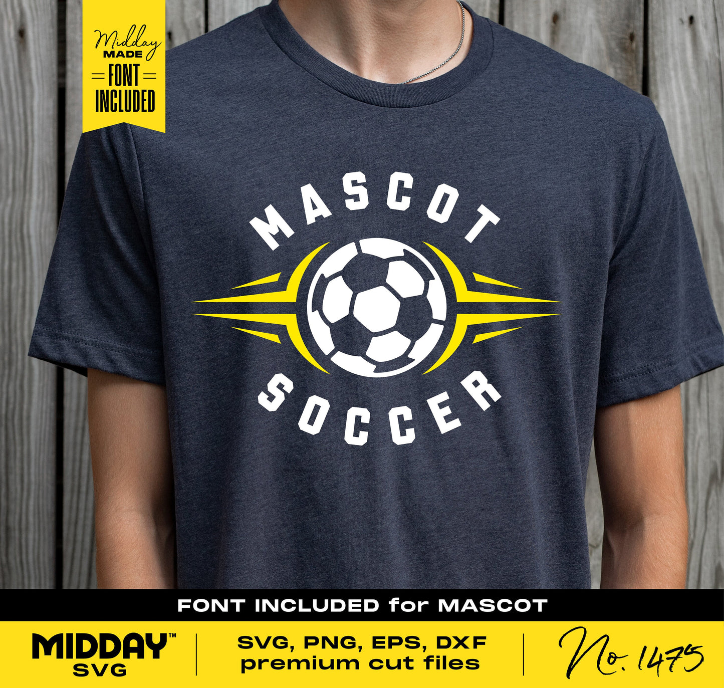 Soccer t-shirt with customizable team name, mascot design, includes SVG, PNG, EPS, DXF cut files, perfect for shirts and banners.