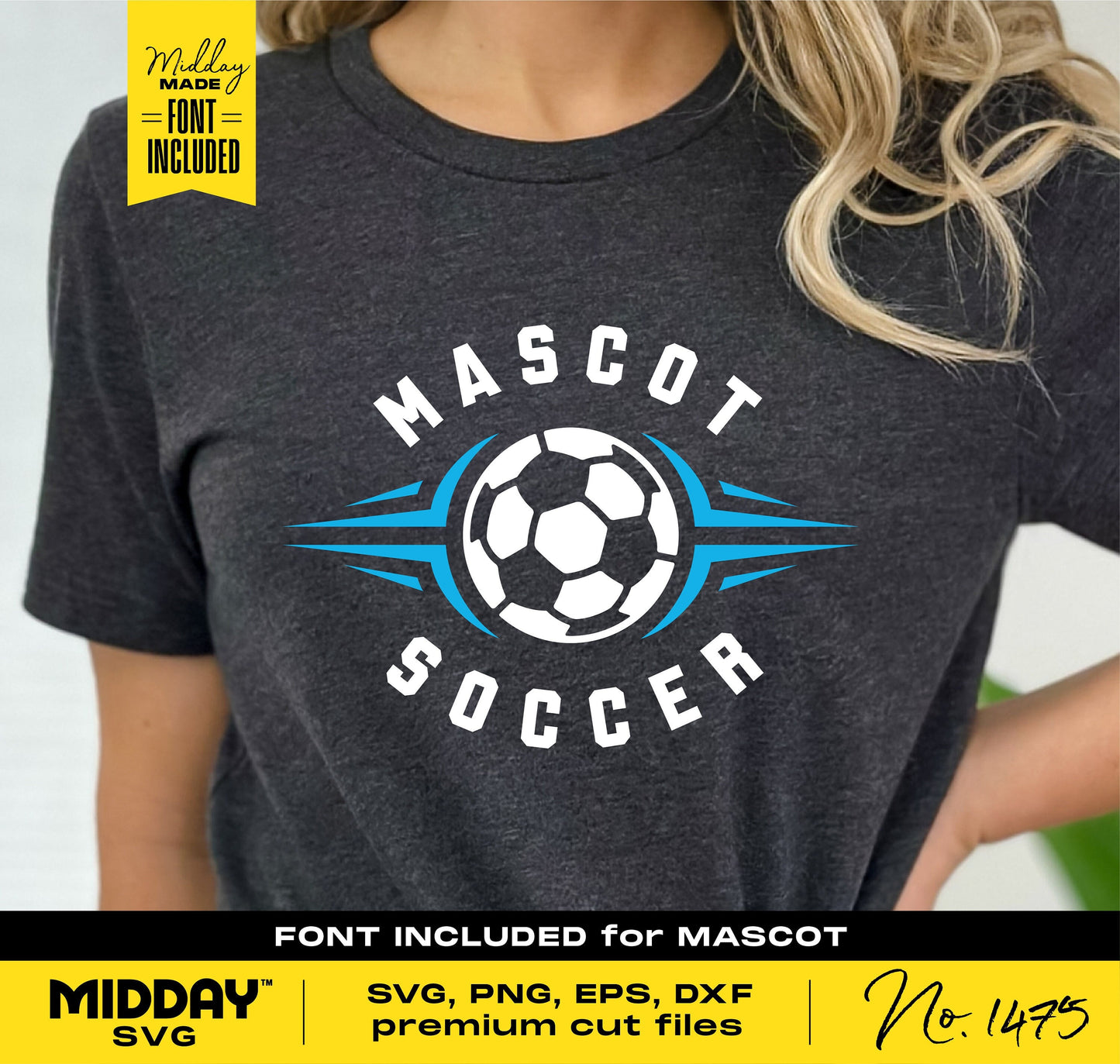 Person wearing a t-shirt with customizable soccer team logo design including text 'Mascot Soccer' and soccer ball graphic. Font included.