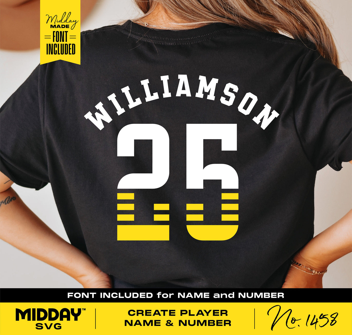 Football SVG template on team shirt with 'Williamson 25'. Compatible with Cricut, Silhouette, for player name and number customization.