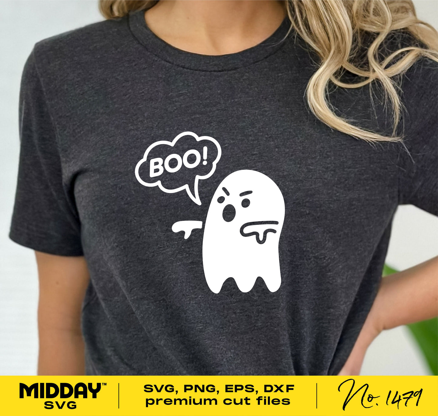 Funny ghost SVG on a shirt with 'Boo!' speech bubble and thumbs down gesture, ideal for Halloween crafting and Cricut projects.