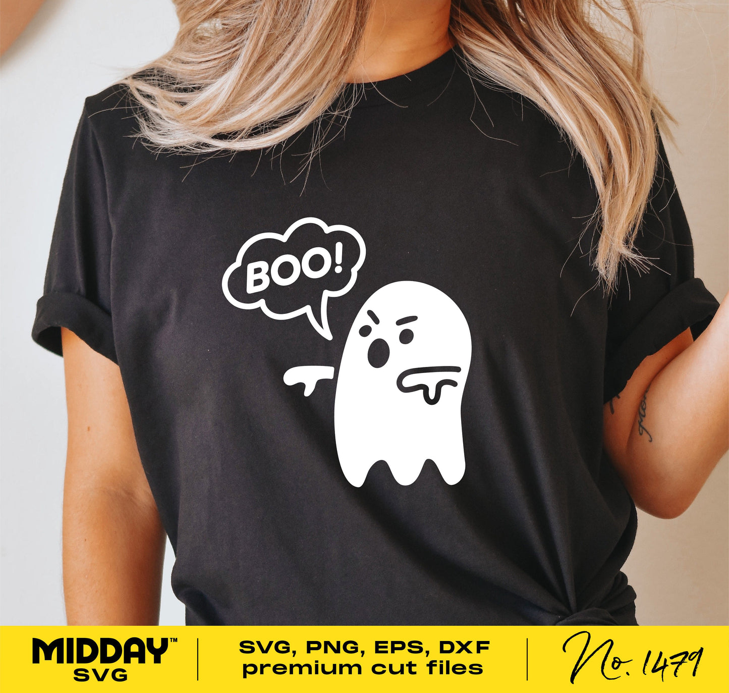 Black shirt with funny ghost graphic saying 'Boo!' in white, perfect for Halloween. Includes SVG, PNG, EPS, DXF files for Cricut use.