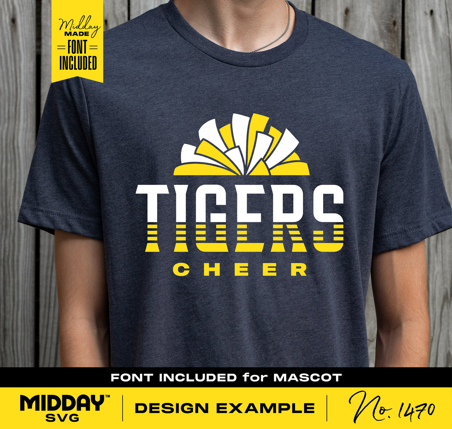 Cheerleader t-shirt with 'Tigers Cheer' design in yellow and white, featuring a pom-pom graphic. Font included for mascot design.