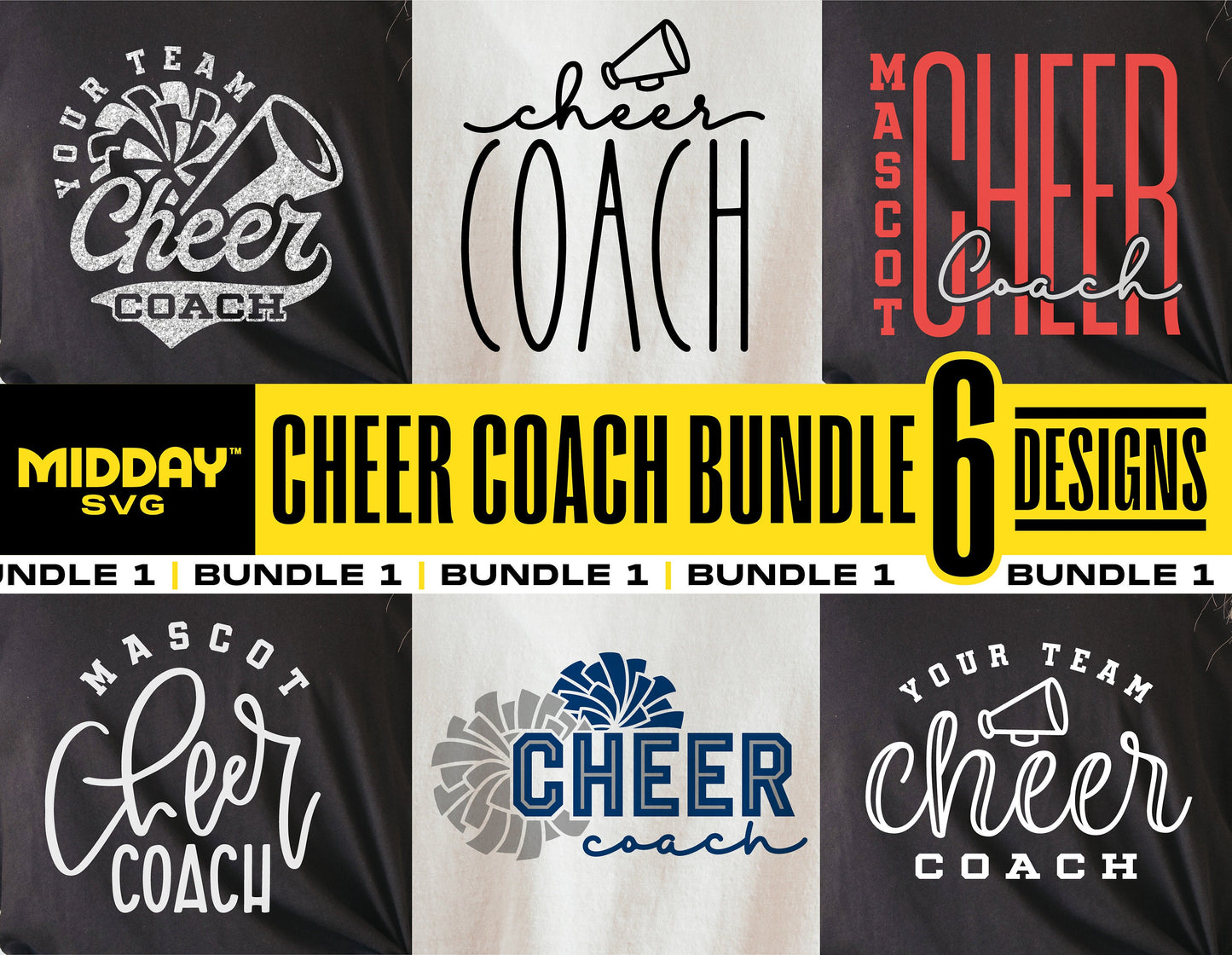 Cheer Coach SVG Bundle with 6 unique designs for customizable tumbler, Cricut, and shirt projects. Perfect for cheerleading gifts and crafts.