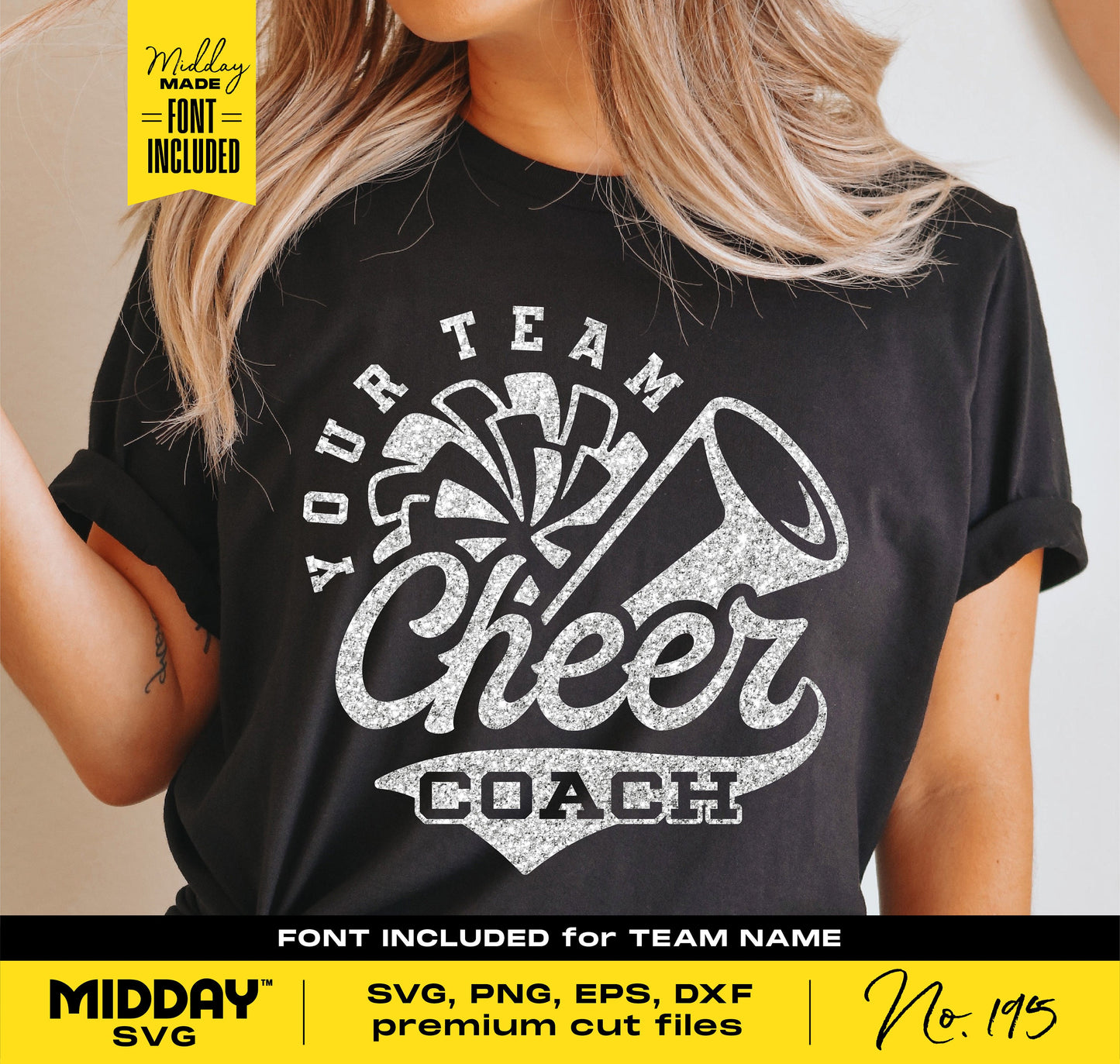 Woman wearing a t-shirt with customizable cheer coach SVG design, ideal for Cricut crafts and personalized gifts.
