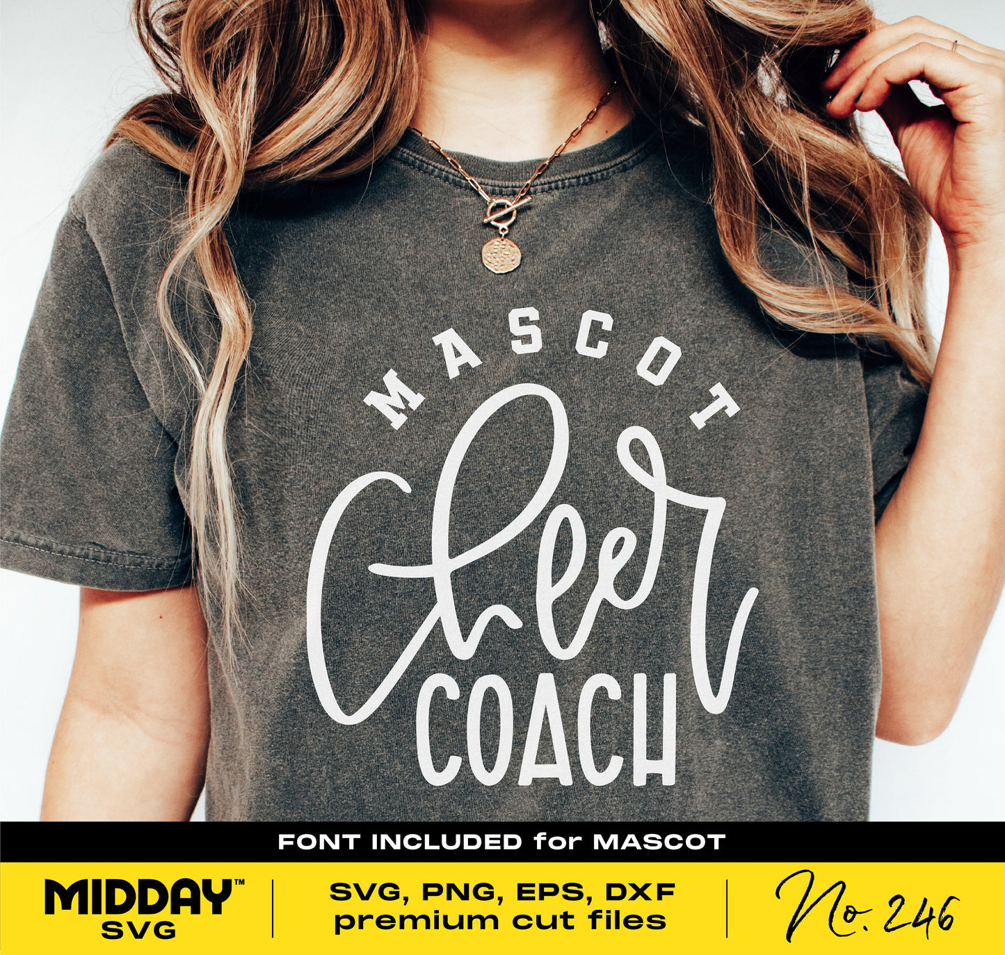 Person wearing a shirt with 'Mascot Cheer Coach' logo, showcasing Midday SVG files for crafting projects.