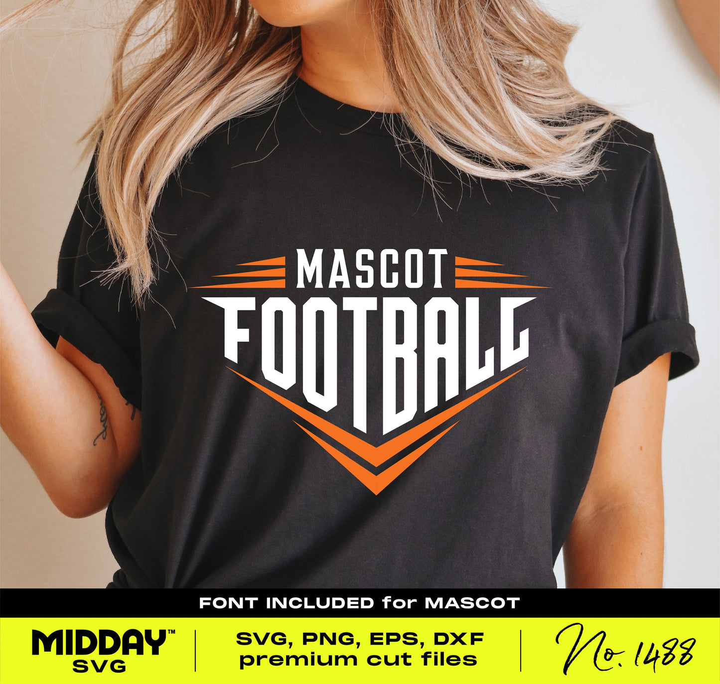 Woman wearing a black t-shirt with 'Mascot Football' design, ideal for team shirts, football mom apparel, and DIY Cricut projects.
