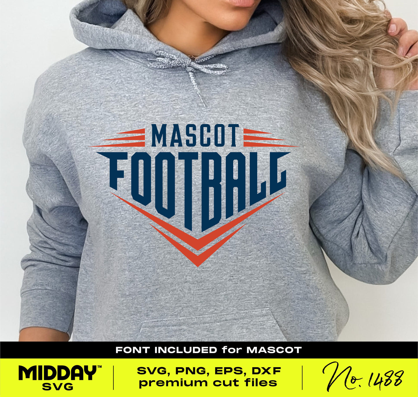 Grey hoodie with football team logo, customizable SVG, PNG, EPS, DXF design for Cricut, includes font for personalized team shirts.