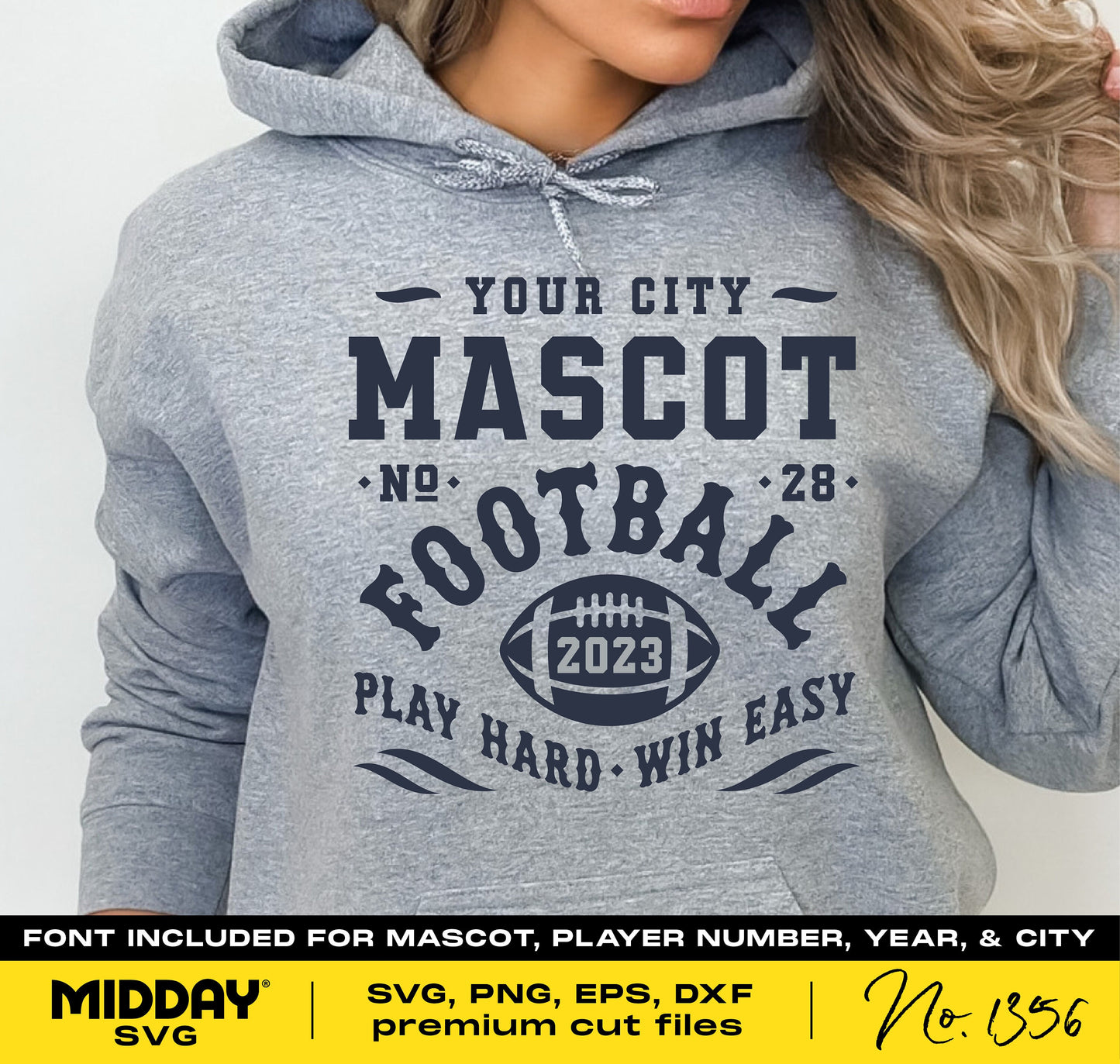 Gray hoodie with customizable football team design template featuring city, mascot, and year details. DIY cut files for Cricut.