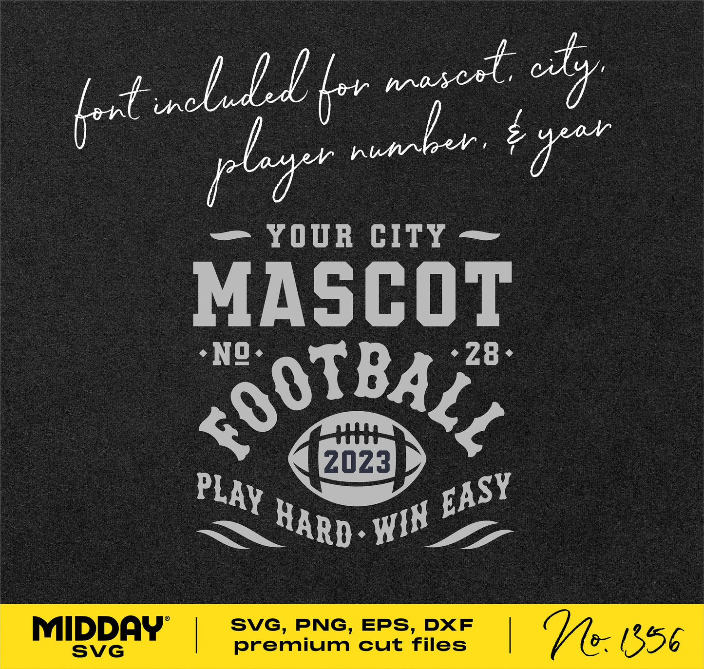 Football team template graphic featuring customizable city, mascot, and player number in SVG, PNG, EPS, and DXF formats.