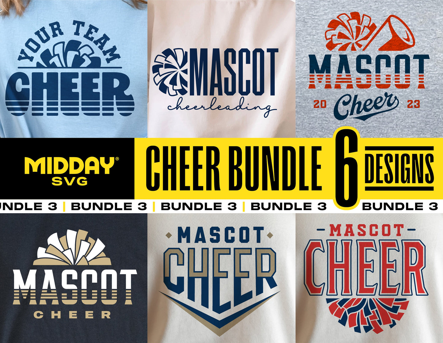 Cheer Bundle SVG with 6 designs featuring cheerleading themes for Cricut and Silhouette, including 'Mascot Cheer' and 'Your Team Cheer' graphics.