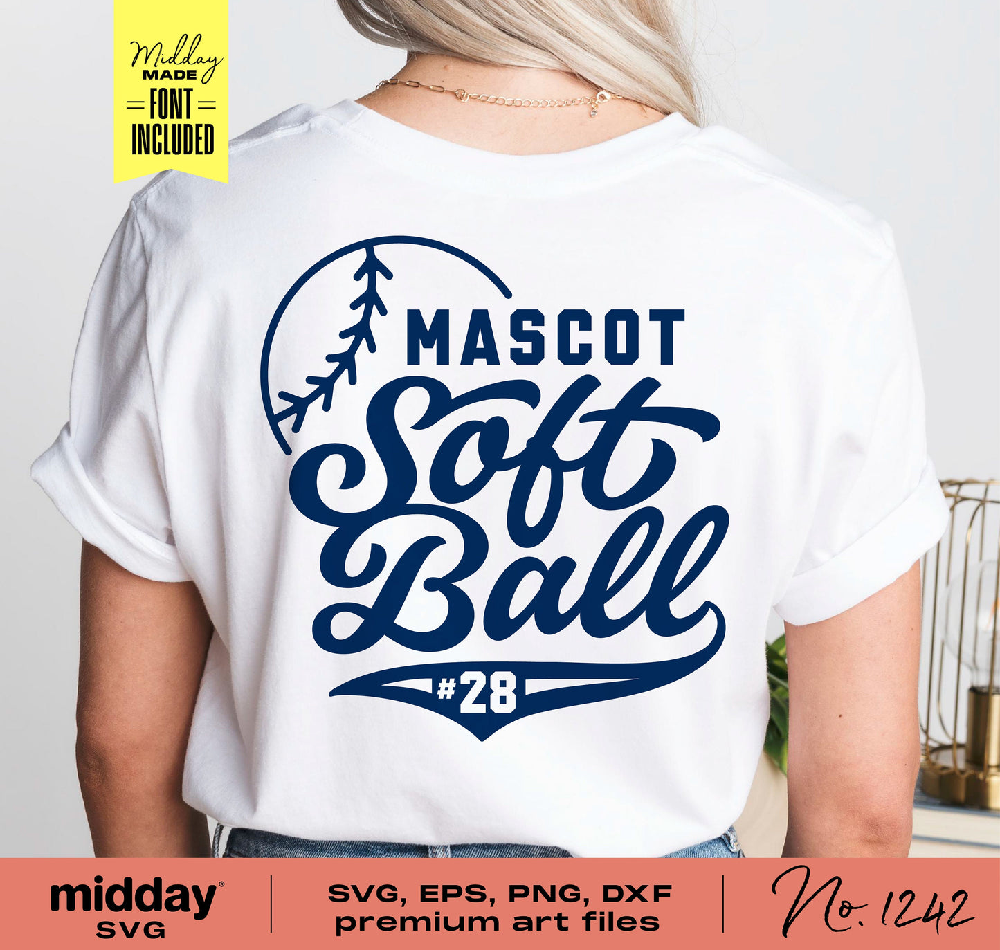 Back view of a white t-shirt with blue softball design, featuring 'Mascot Softball #28.' Includes SVG, EPS, PNG, DXF files and font.