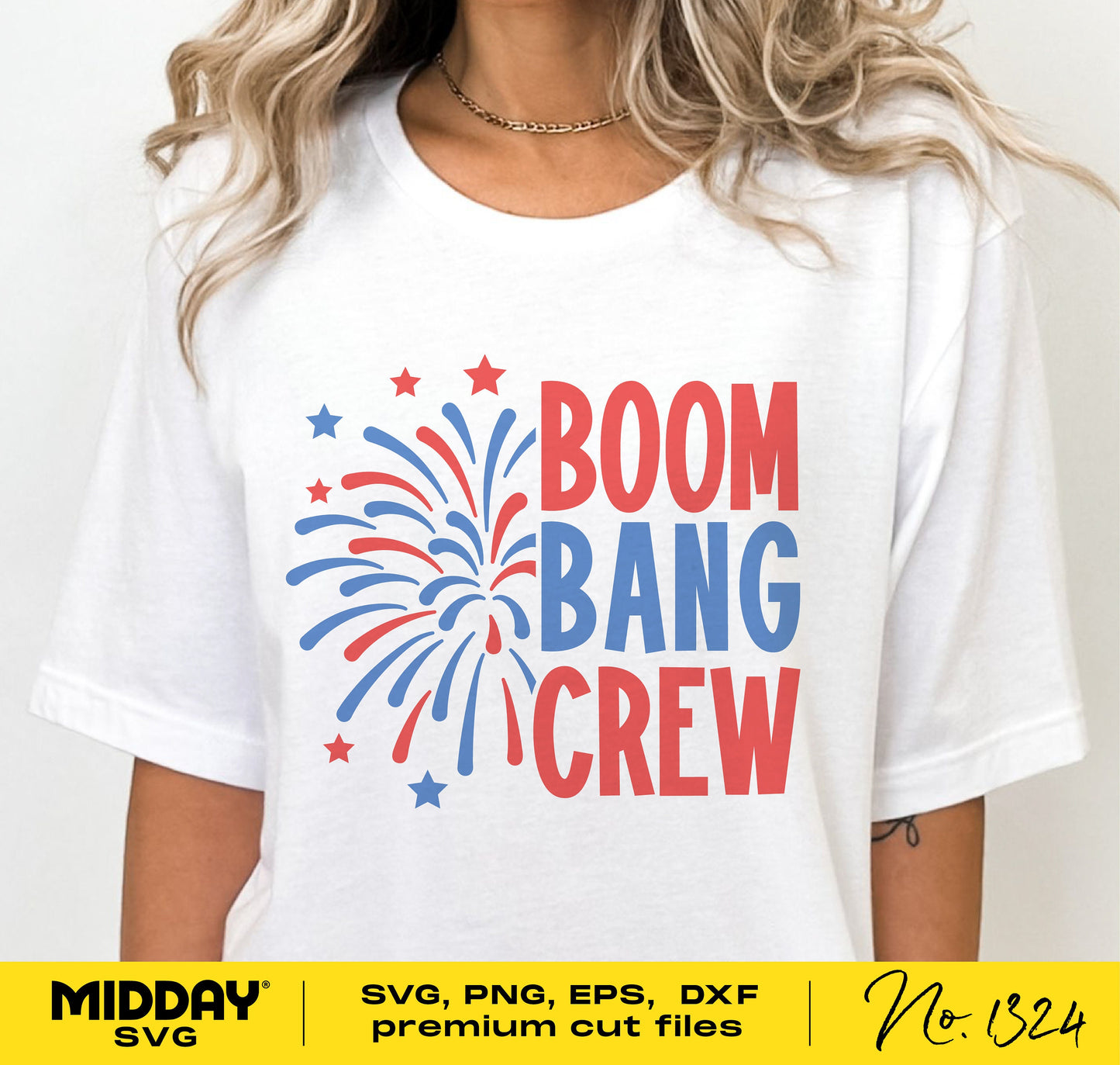 White t-shirt with 'Boom Bang Crew' fireworks design, featuring red, white, and blue colors, suitable for Fourth of July celebrations.