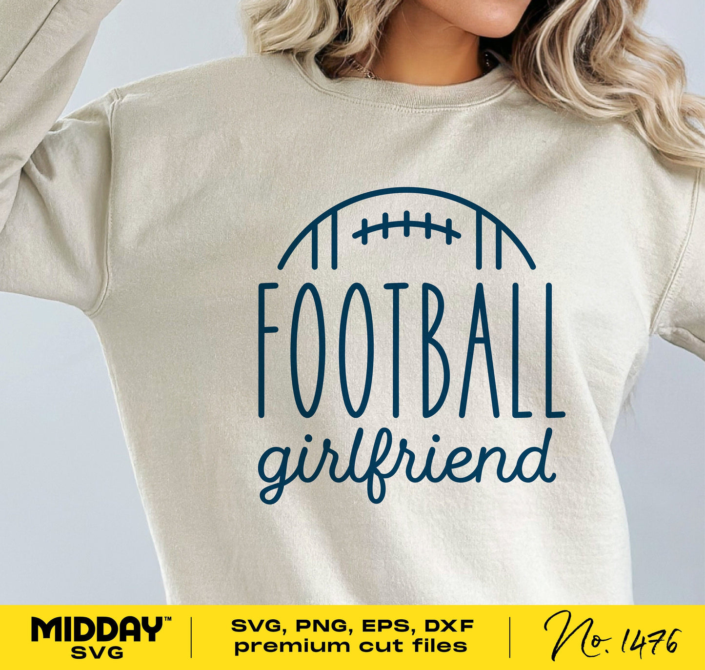 "Football Girlfriend SVG design on sweatshirt, perfect for sports fans and crafting with Cricut, Silhouette, sublimation projects."