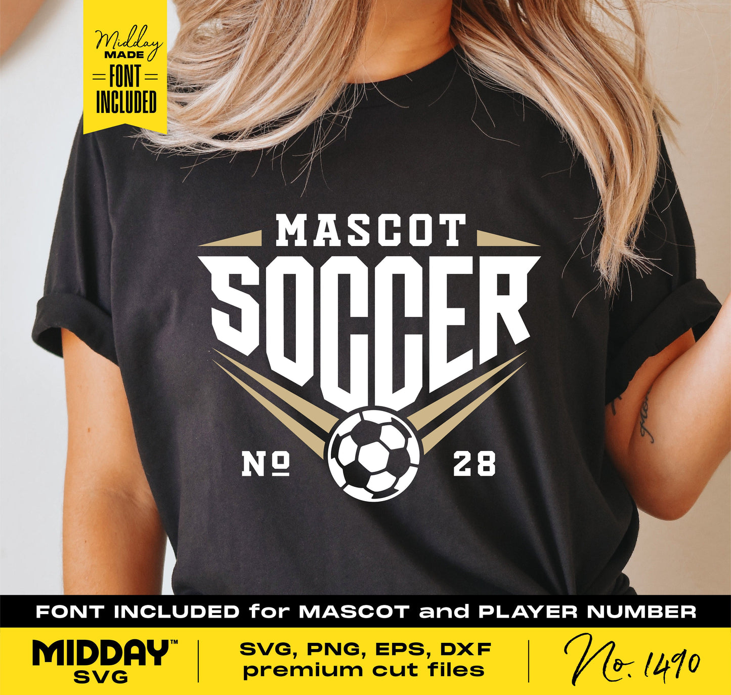 Soccer shirt design with customizable team name and player number, featuring 'Mascot Soccer' text and soccer ball graphic for Cricut projects.