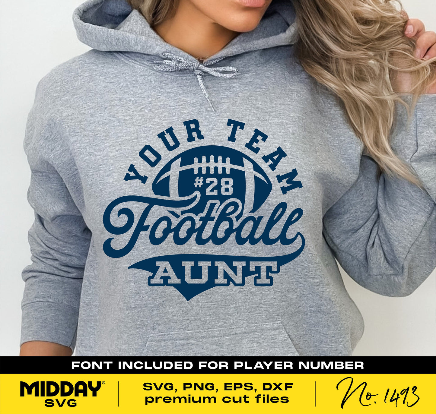 Gray hoodie with "Football Aunt #28" design, ideal SVG for Cricut crafting and personalized team shirts.