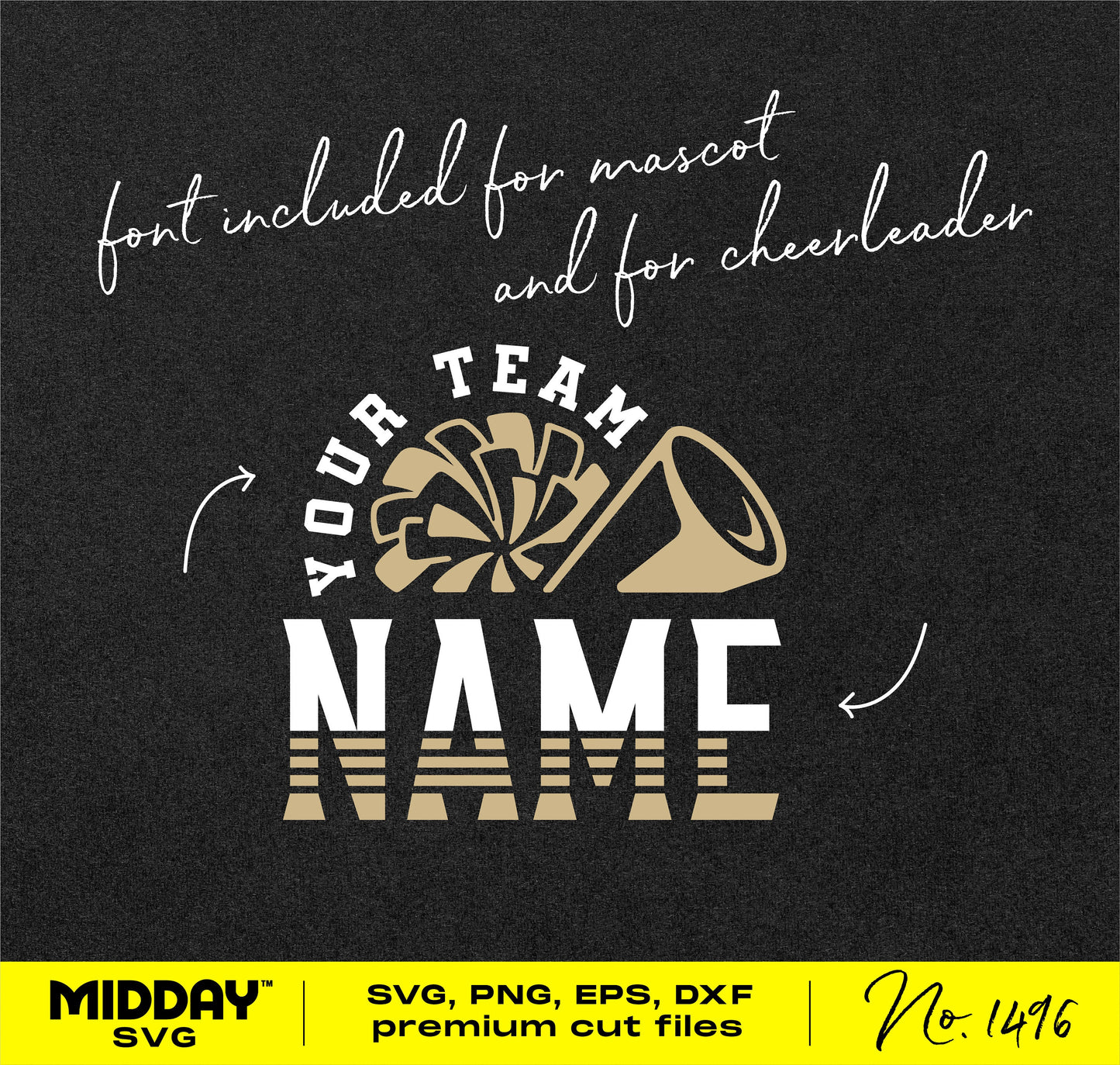 Cheerleader SVG design template with customizable team name, featuring a pom-pom and megaphone, suitable for Cricut and Silhouette.