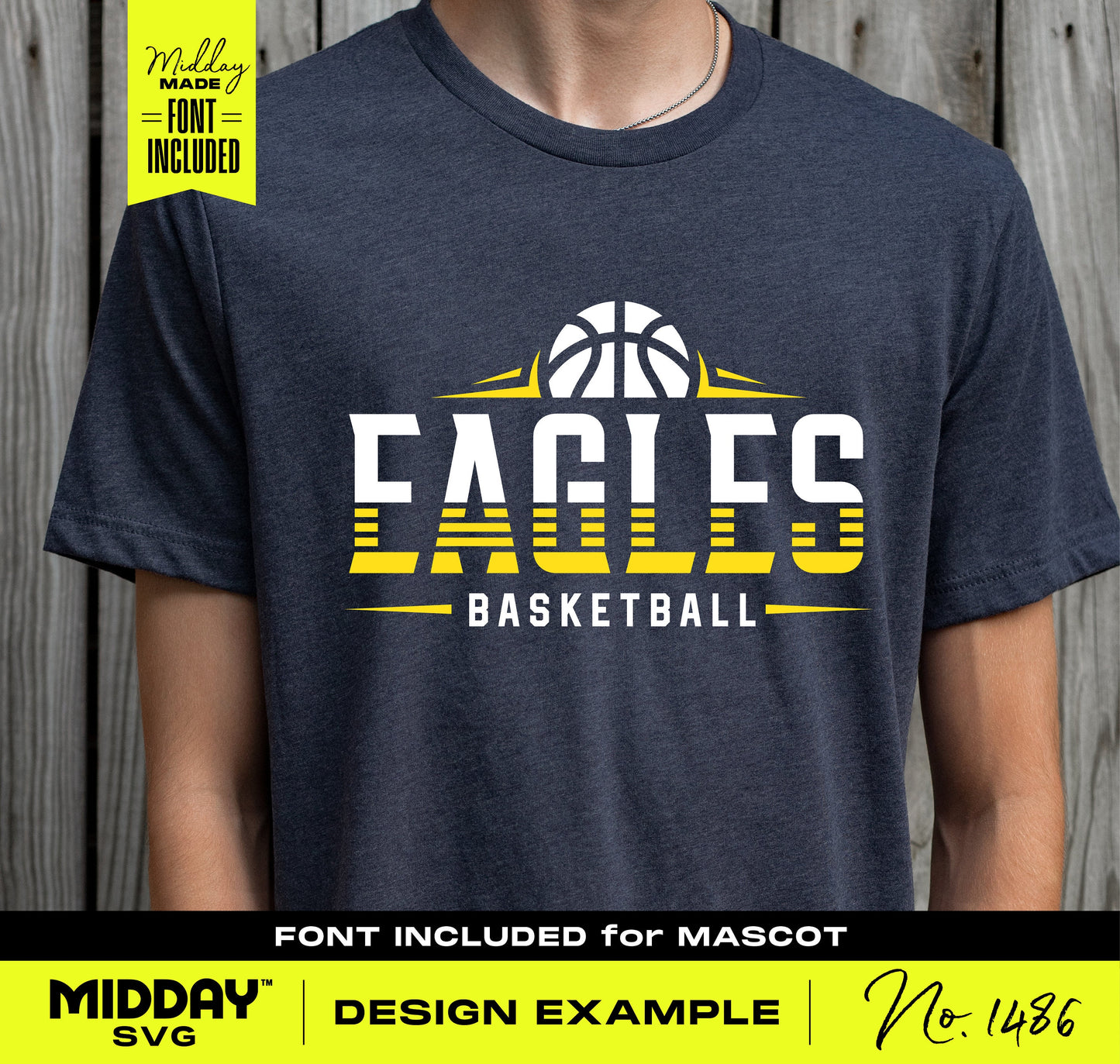 Person wearing basketball team shirt with 'Eagles Basketball' logo and yellow stripes, showcasing SVG design template example.
