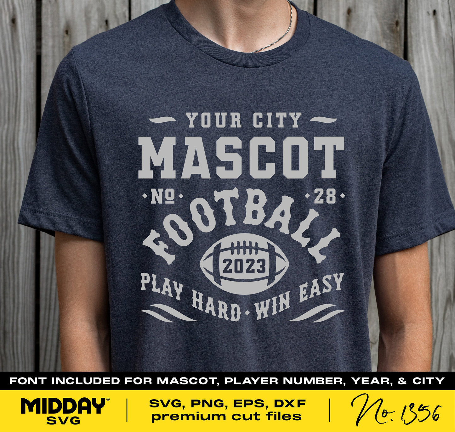 Navy blue football team shirt with customizable city and mascot text, number 28. Includes year 2023 and 'Play Hard - Win Easy'. Font included for SVG, PNG, EPS, DXF files.