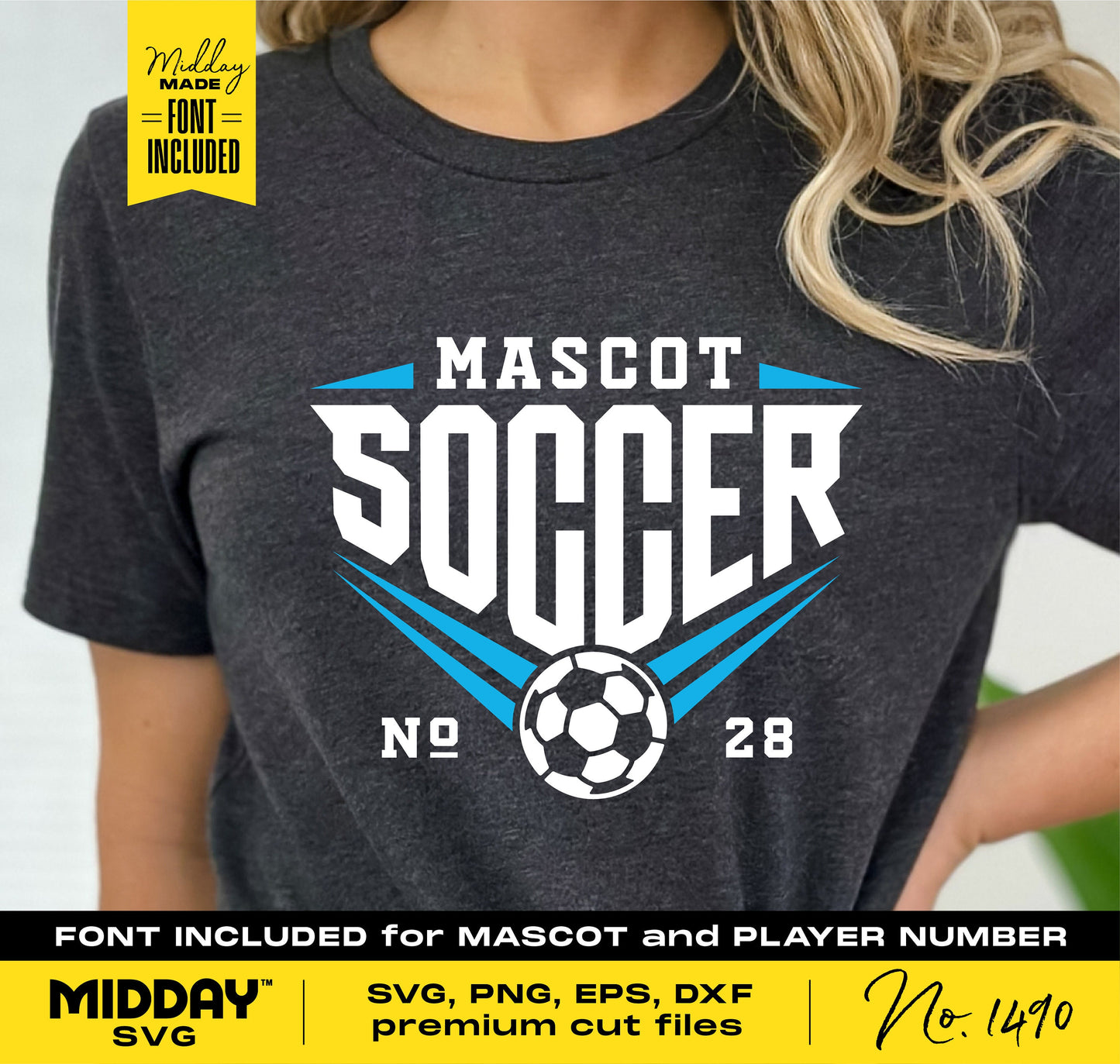 Soccer shirt design featuring bold text "MASCOT SOCCER" with soccer ball graphic; includes font for team name and player number.
