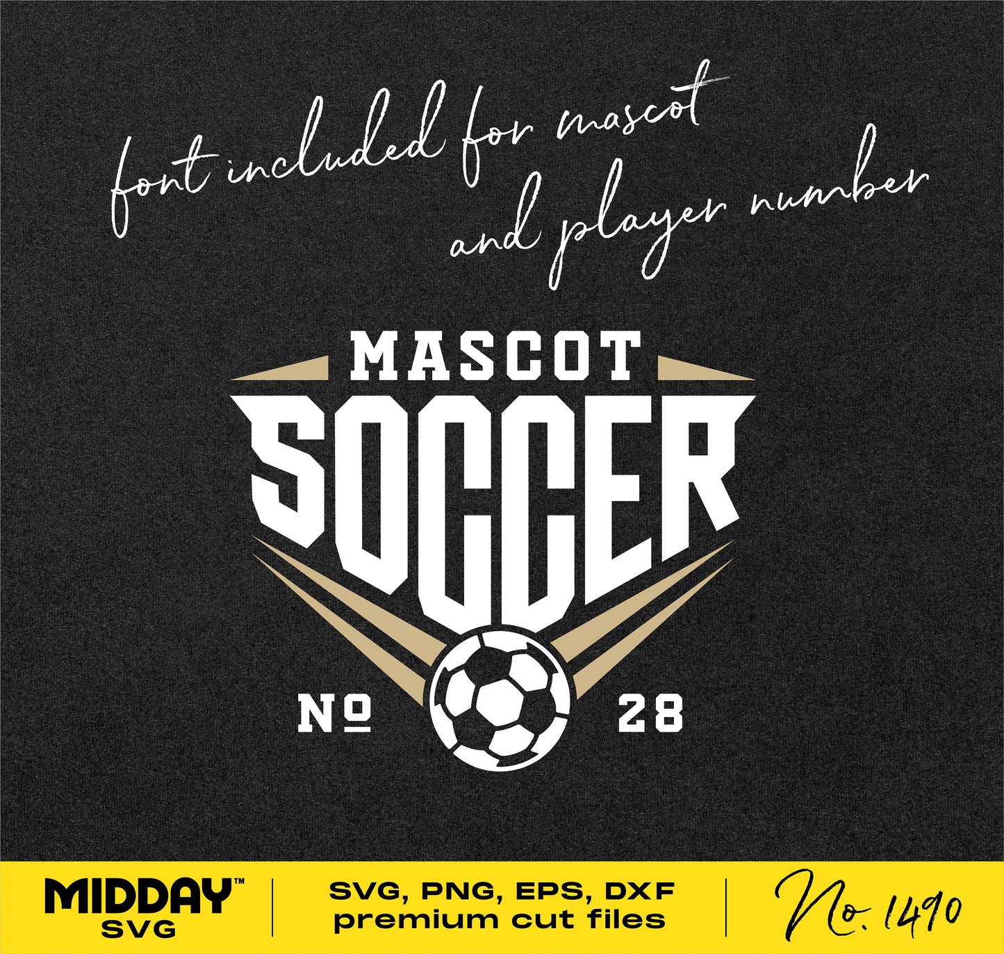 Soccer shirt design with customizable mascot and player number in SVG, PNG, EPS, DXF formats. Includes soccer ball graphic for Cricut.