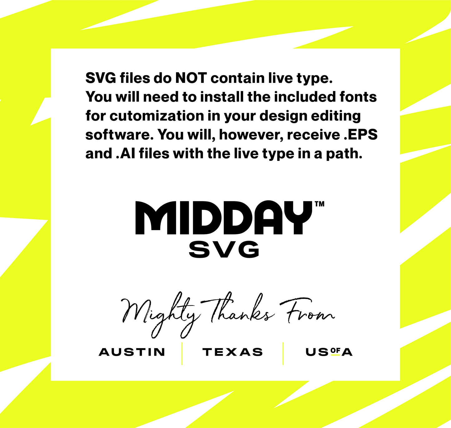 Informational graphic about SVG file usage with font installation instructions, mentioning Midday SVG and containing text from Austin, Texas, USA.